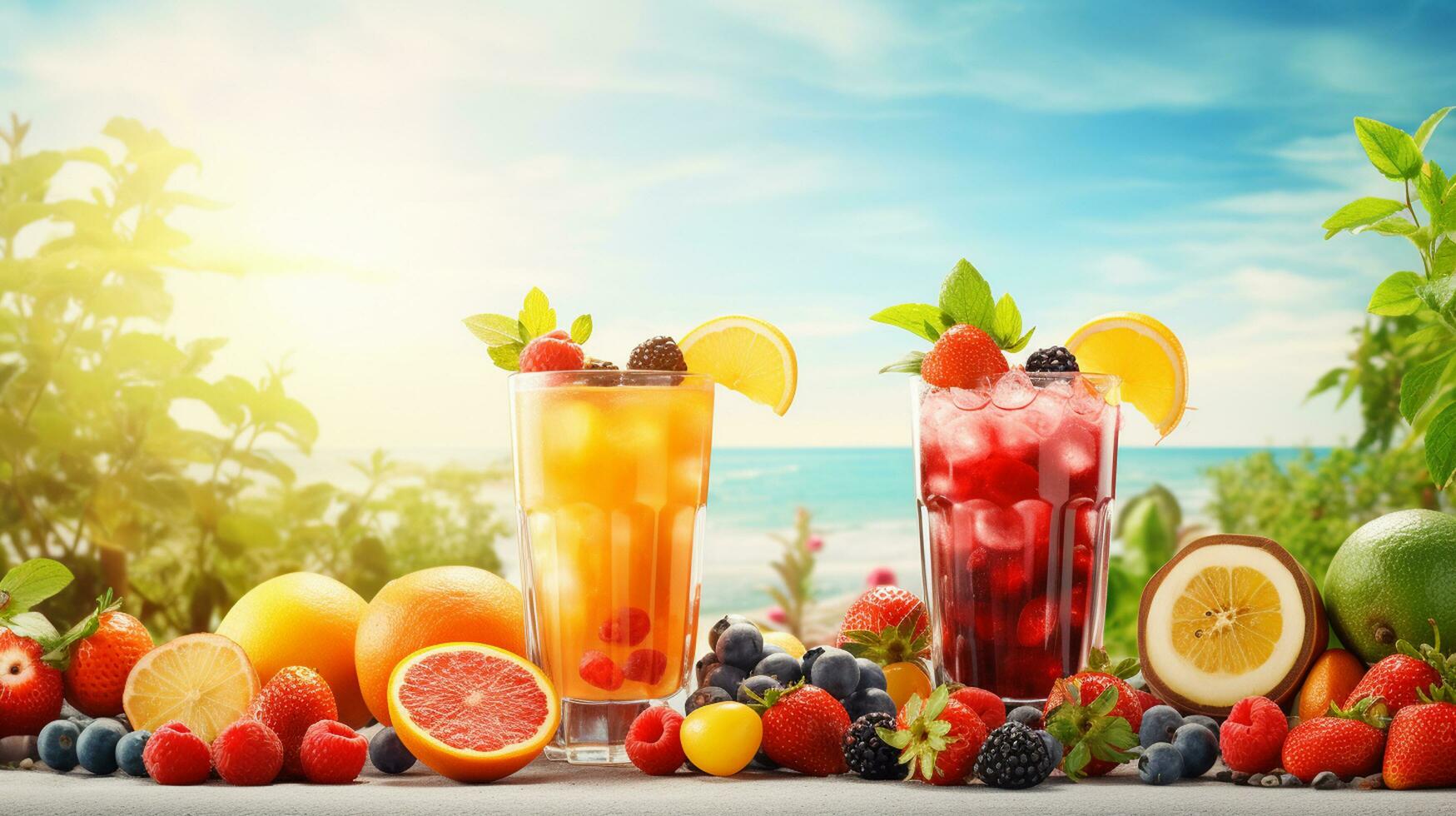 Foto ein Vorderseite Aussicht frisch Obst Cocktails mit frisch Obst Scheiben Eis Kühlung auf Blau, trinken Saft co