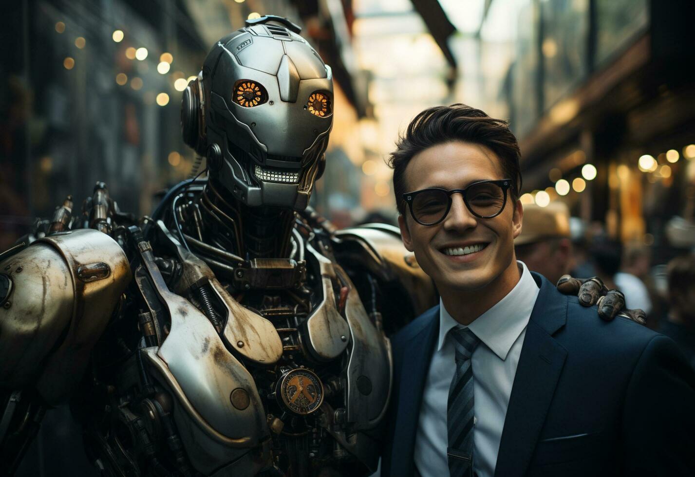 ein Mann im ein passen und Krawatte Stehen Nächster zu ein Roboter foto