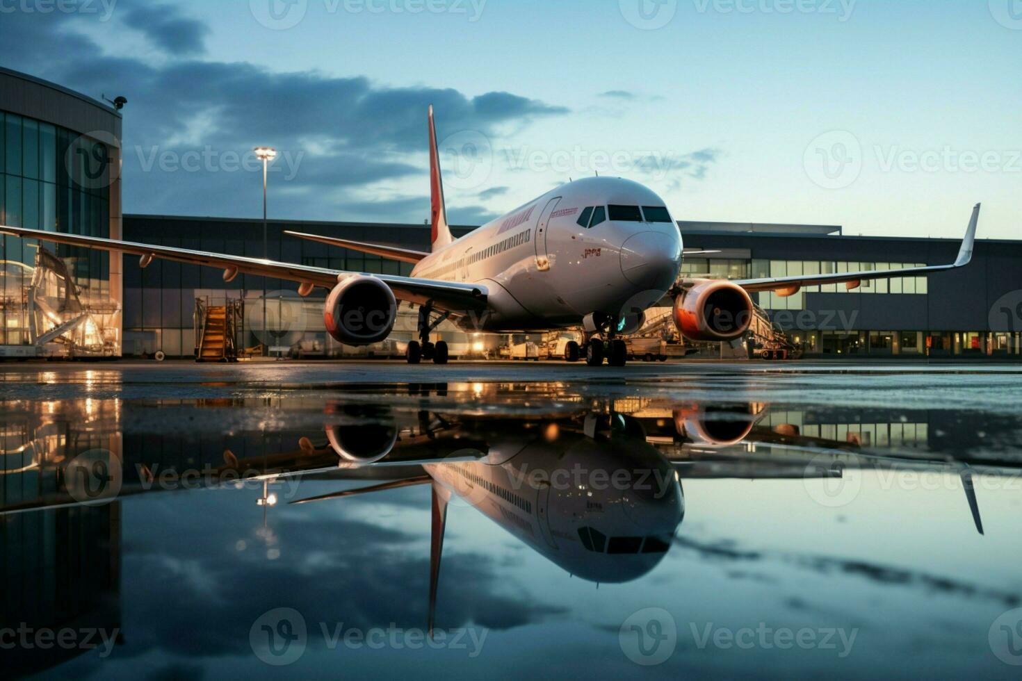 ein geparkt Passagier Flugzeug in der Nähe von ein Fluggastbrücke, es ist Betrachtung glitzernd im ein Pfütze ai generiert foto