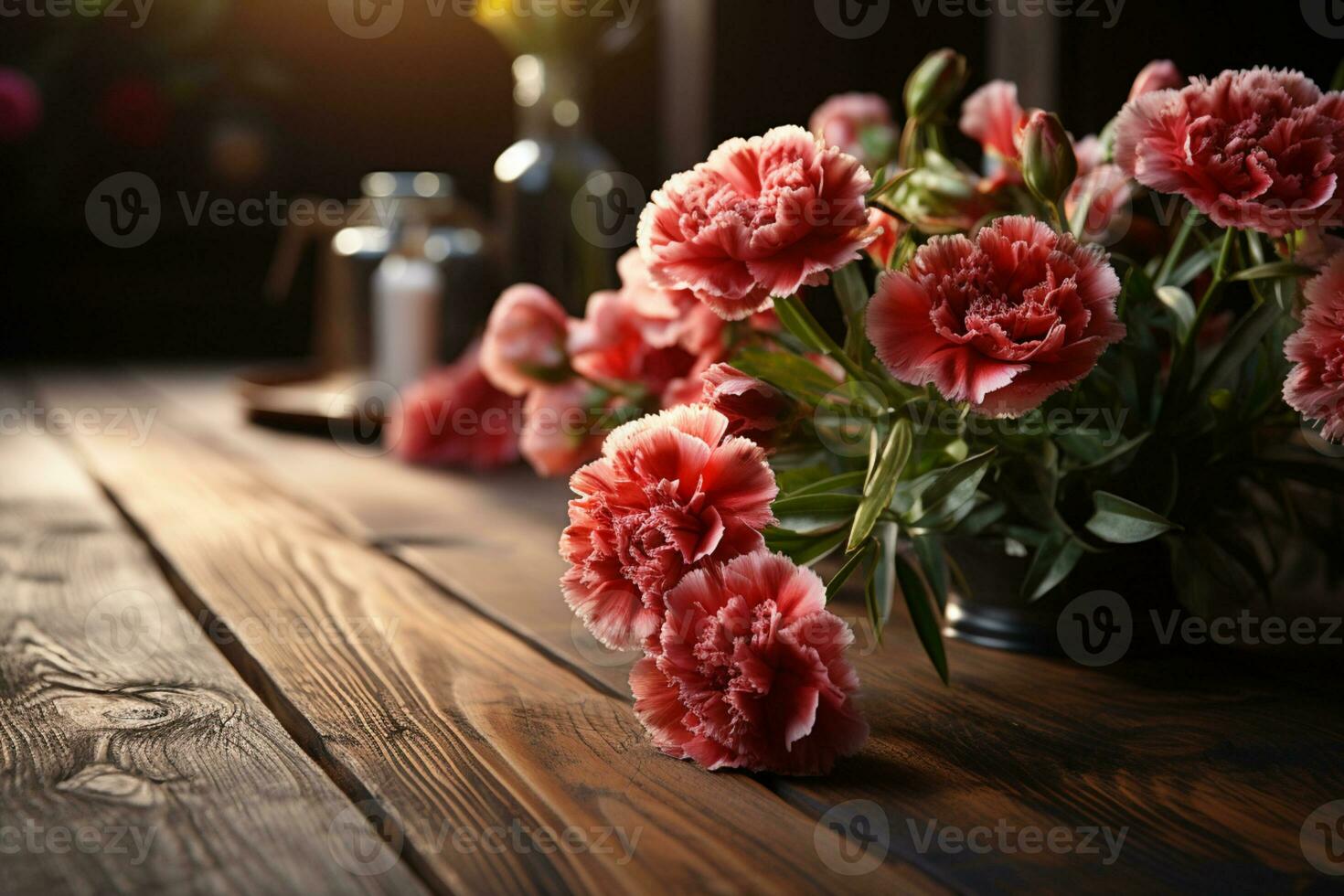 rustikal hölzern Tabelle hält ein immer noch Leben von herrlich Nelke Blumen ai generiert foto