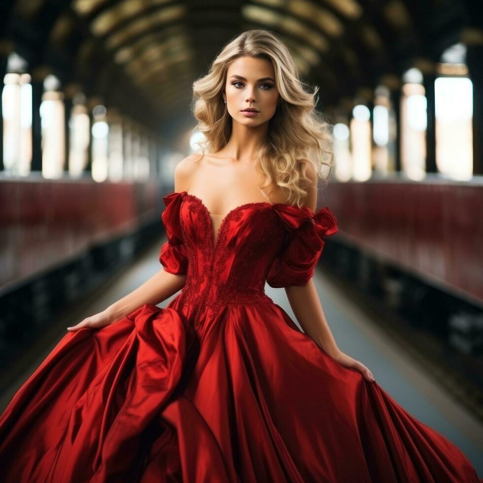 Frau im elegant rot Kleid mit Zug foto