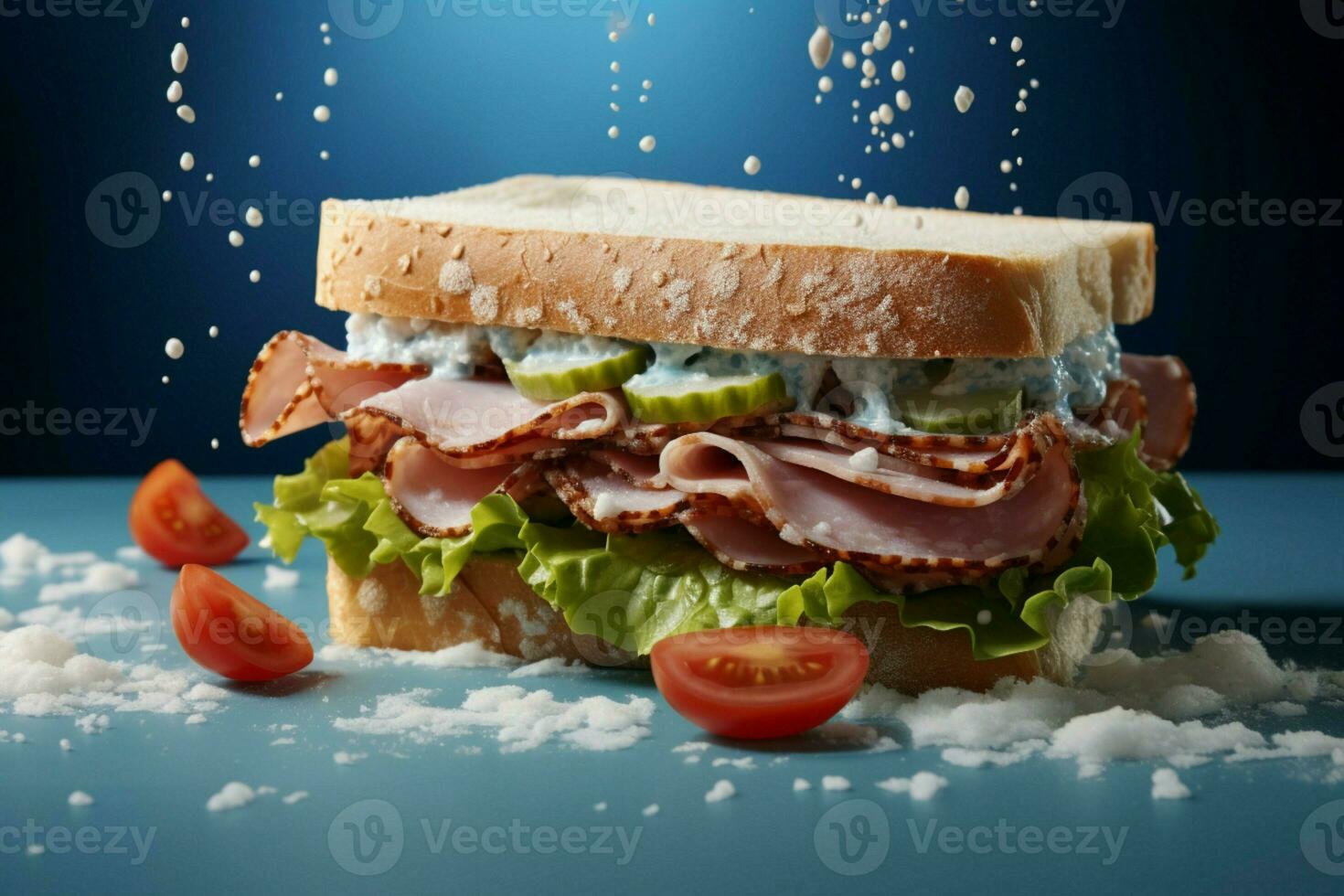 gefroren im Minimalismus, ein klassisch amerikanisch Sandwich taucht auf auf ein Licht Blau Segeltuch ai generiert foto