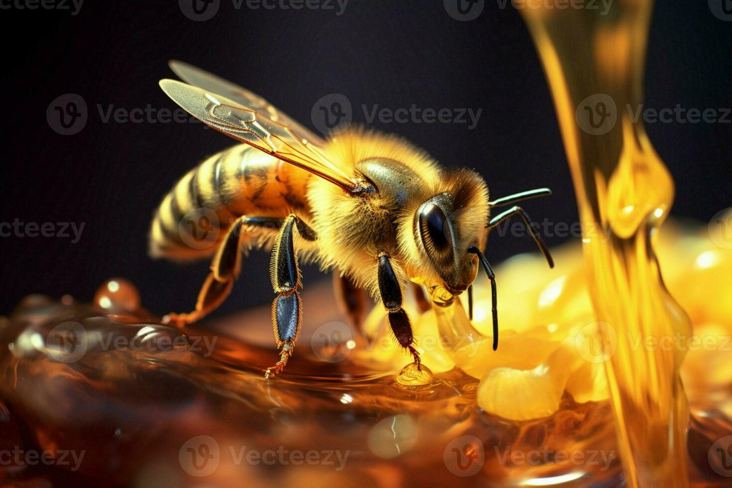 im Flug, ein Biene Gnaden ein Krug, Honig glitzernd im zart Tropfen ai generiert foto