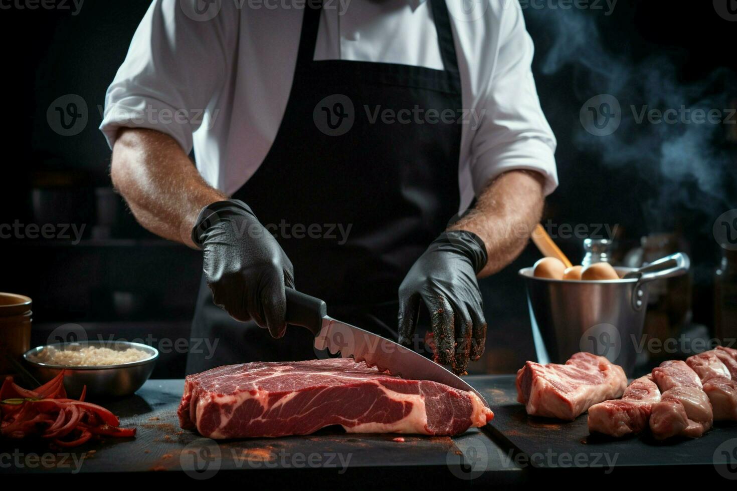männlich Metzger fachmännisch Scheiben Fleisch, angesehen von das Vorderseite, auf ein dunkel Zähler ai generiert foto