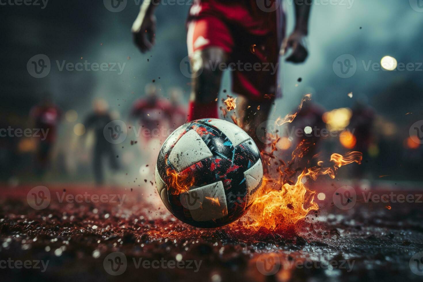 heftig Moment, Fußballer Nahaufnahme, Präzision trete beim Freistoß Punkt, Fußball Ball bereit ai generiert foto