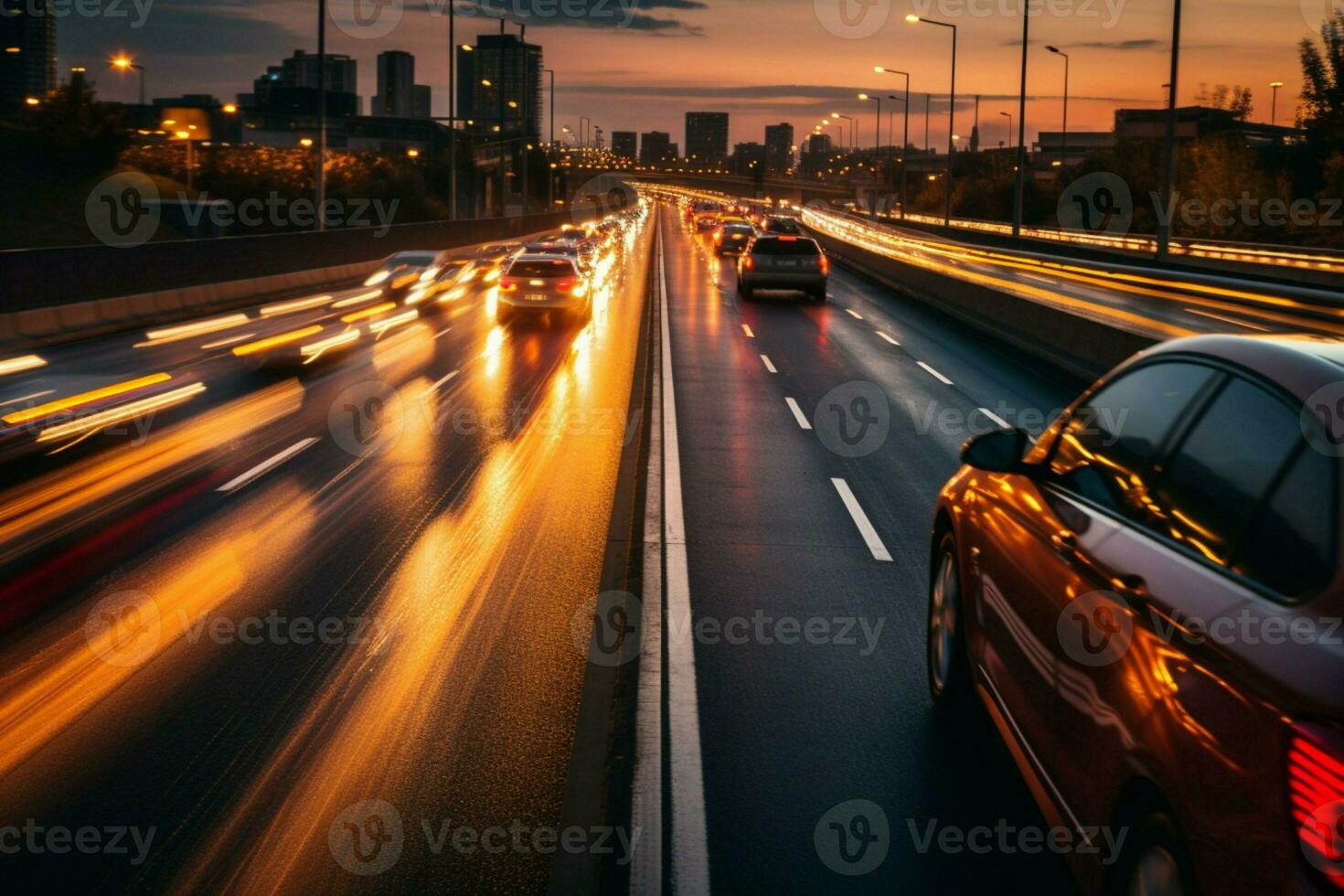 Bewegung verwischen erfasst das Tempo von Morgen der Verkehr auf ein generisch Autobahn ai generiert foto