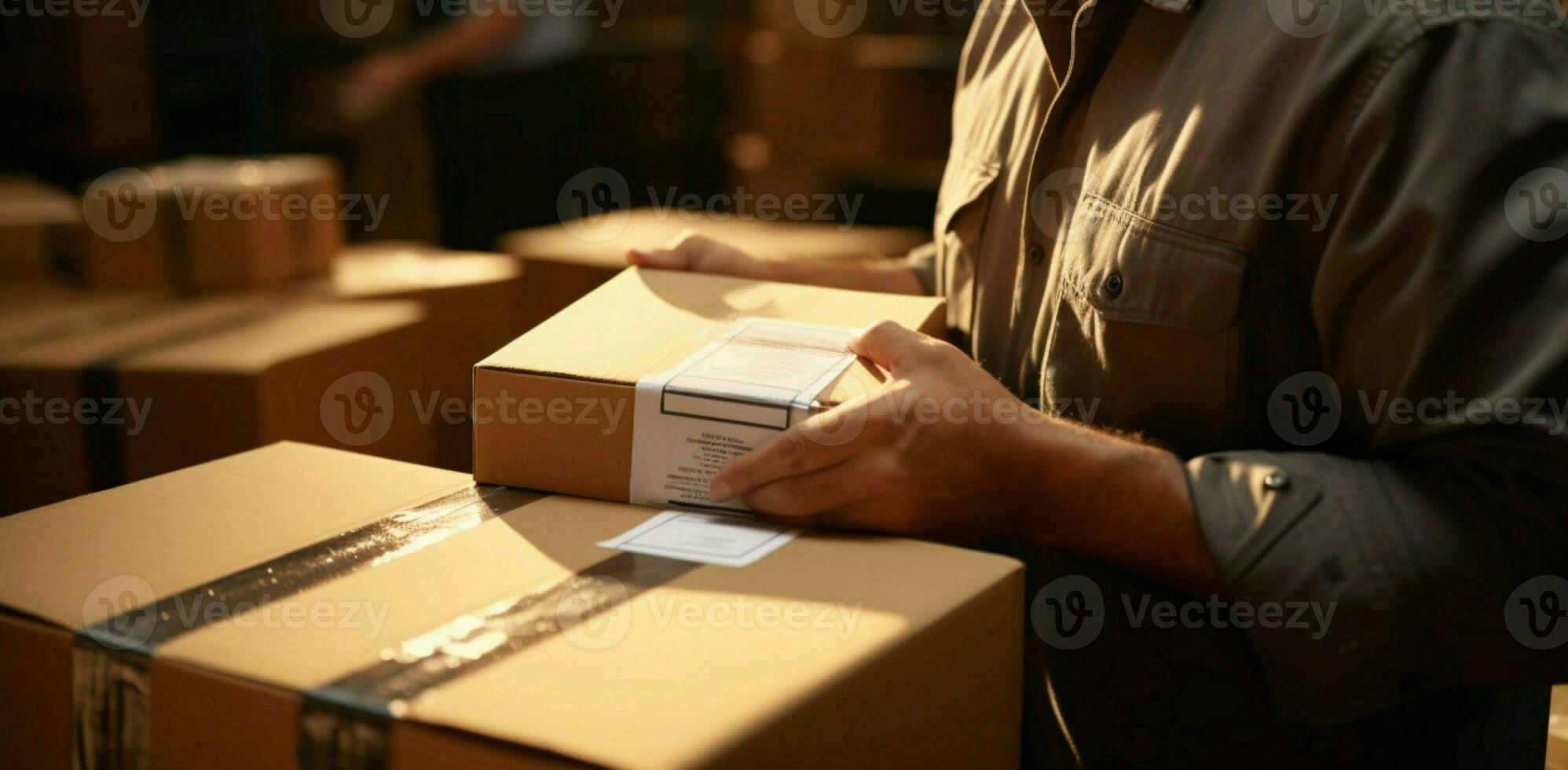 Büro Arbeiter Affixe Etikette auf Paket im Nahansicht Kurier Lieferung Szene. ai generiert foto