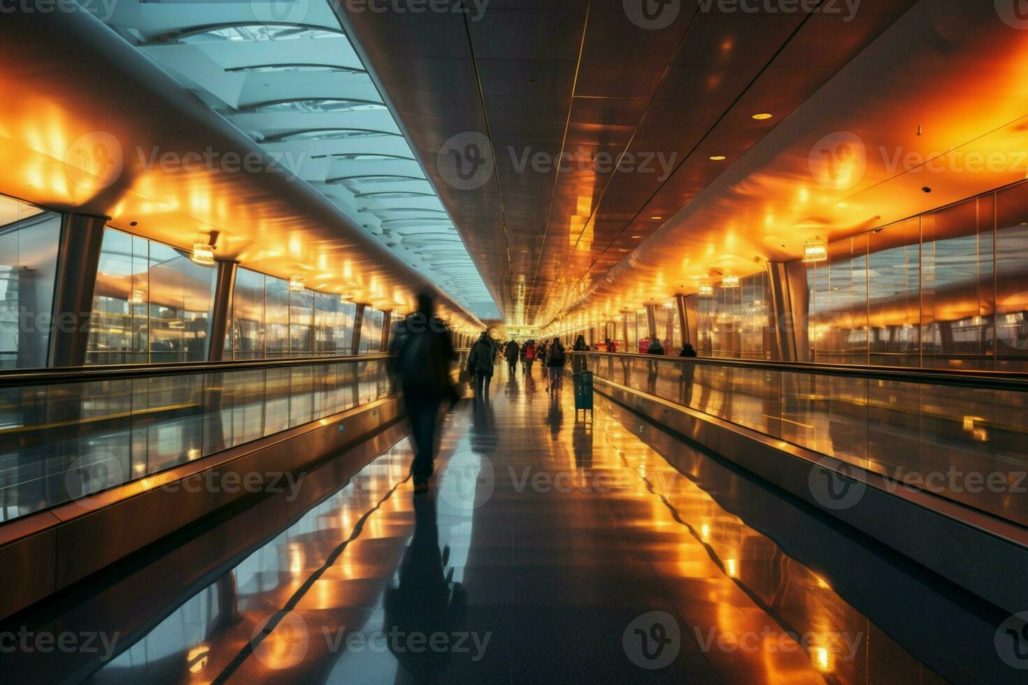 beschäftigt Flughafen Szene zwei ziehen um Gehwege tragen Menschen nach vorne im ein verwischen ai generiert foto