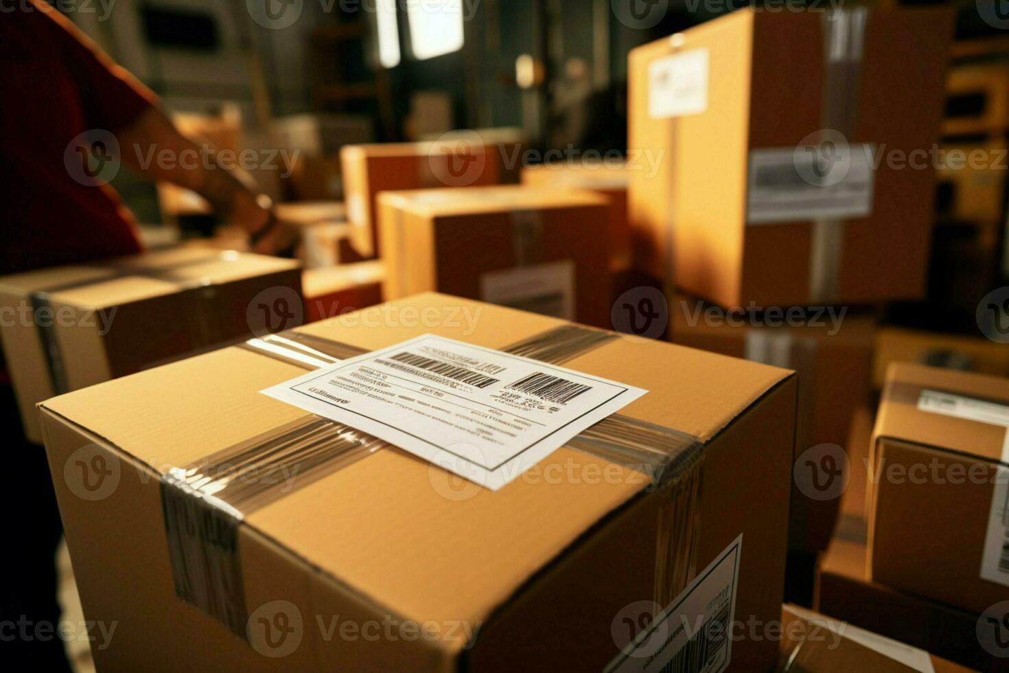 Büro Arbeiter Affixe Etikette auf Paket im Nahansicht Kurier Lieferung Szene. ai generiert foto