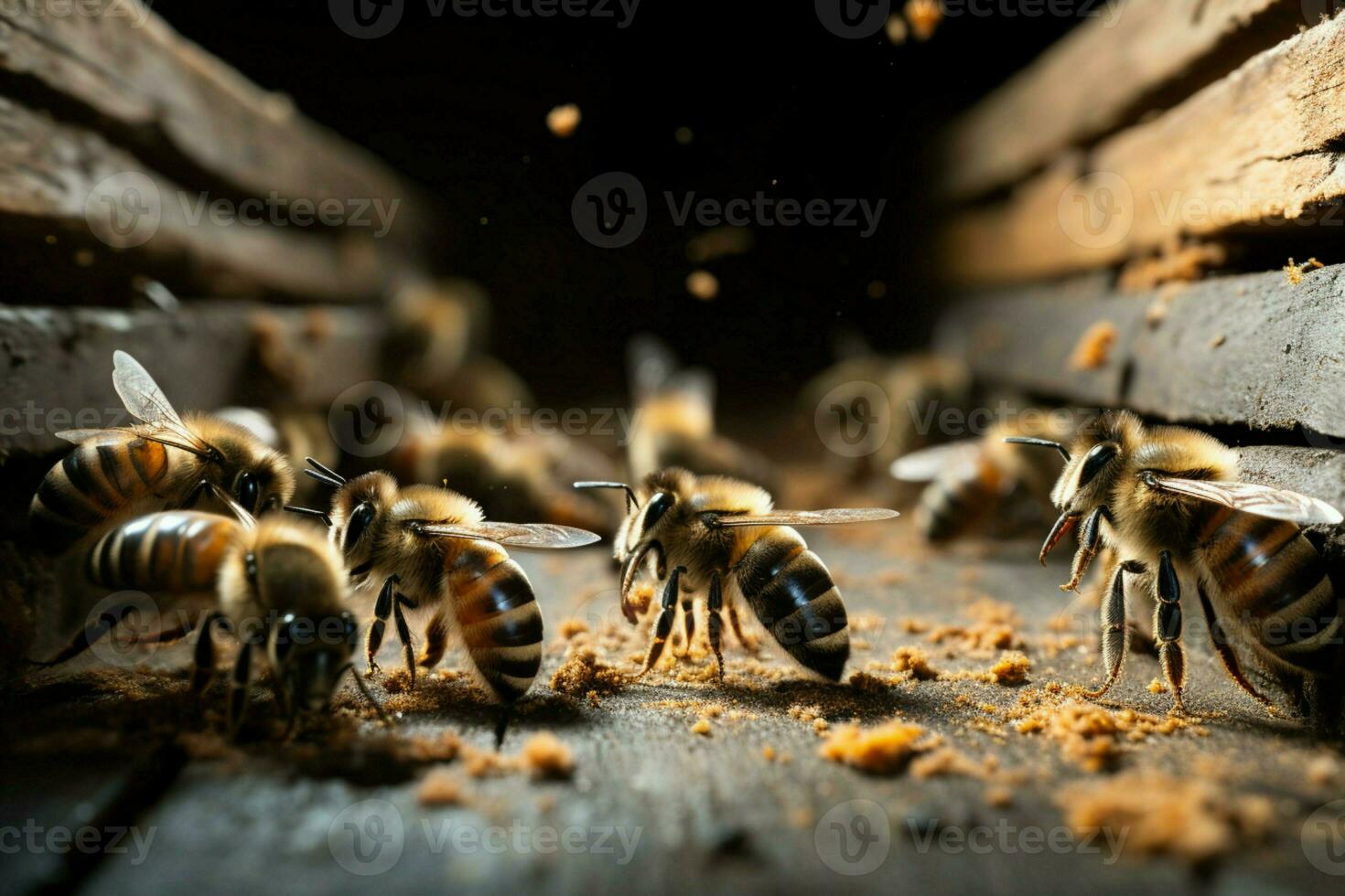 Bienen Eindringen und Austritt von Nesselsucht hölzern Eingang Naturen geschäftig Durchgangsstraße ai generiert foto