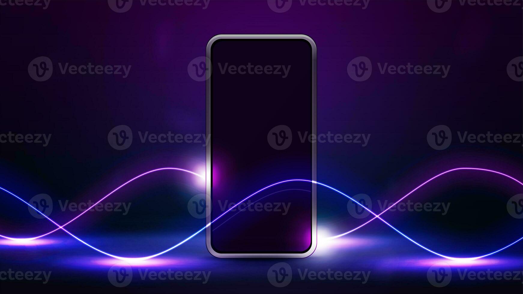 Smartphone auf Fußboden im leeren Szene mit Neon- Welle Linie Laser foto