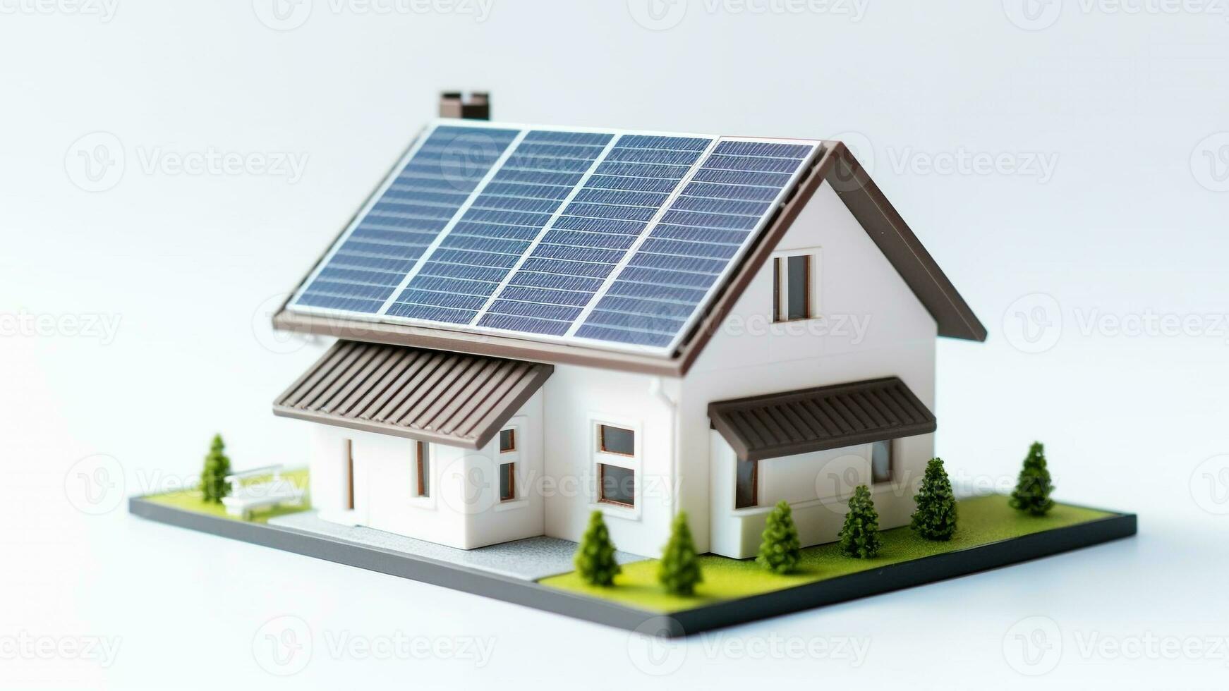 Miniatur Haus Modell- mit Solar- Panel auf Dach auf Weiß Hintergrund. Clever Zuhause Energie Speichern Konzept. generativ ai foto