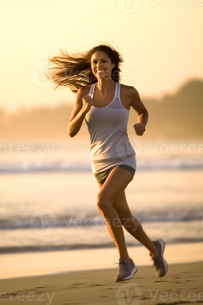 ein schön Frau Lauf beim das Strand im froh Morgen. im Bewegung ai generiert foto