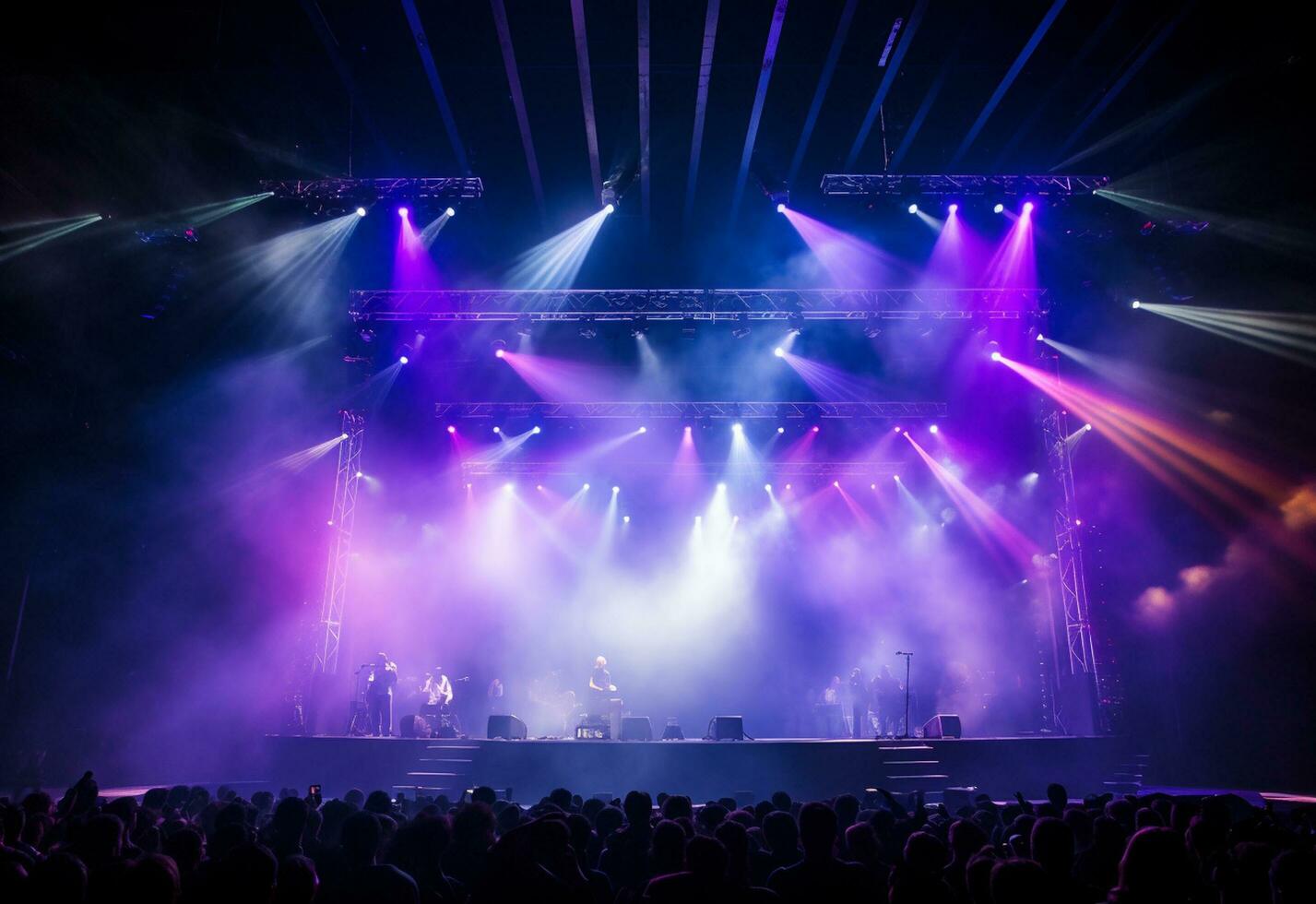 ai generativ Konzert Bühne Landschaft mit Scheinwerfer farbig Beleuchtung Rauch foto