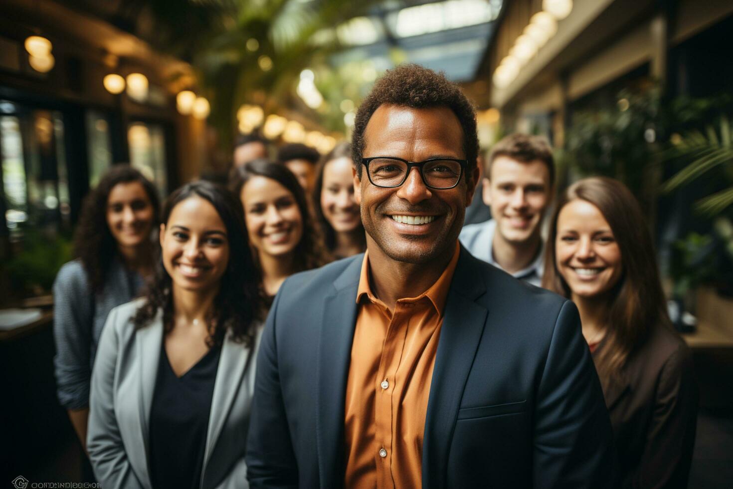 ai generativ Gruppe von glücklich Geschäft Mann und Geschäft Frauen, gekleidet im Anzüge sind lächelnd, im das Büro foto