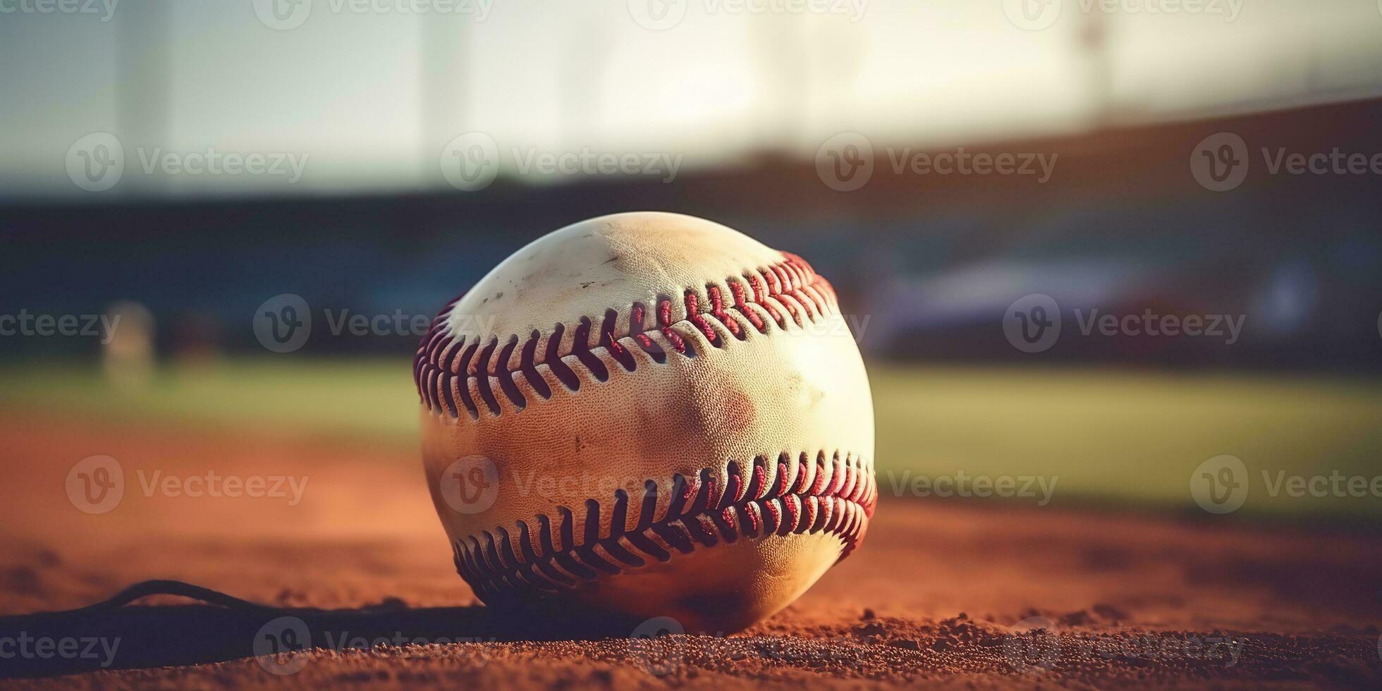 ai generiert. ai generativ. Jahrgang retro amerikanisch traditionell Spiel Sport Aktivität Baseball Ball auf Feld Gras Base Hintergrund. Grafik Kunst foto