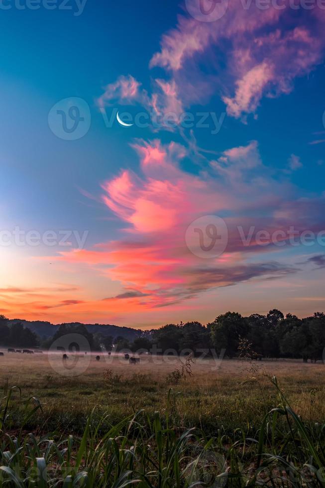 wunderschöner verträumter Sonnenaufgang auf dem Ackerland auf dem Land foto