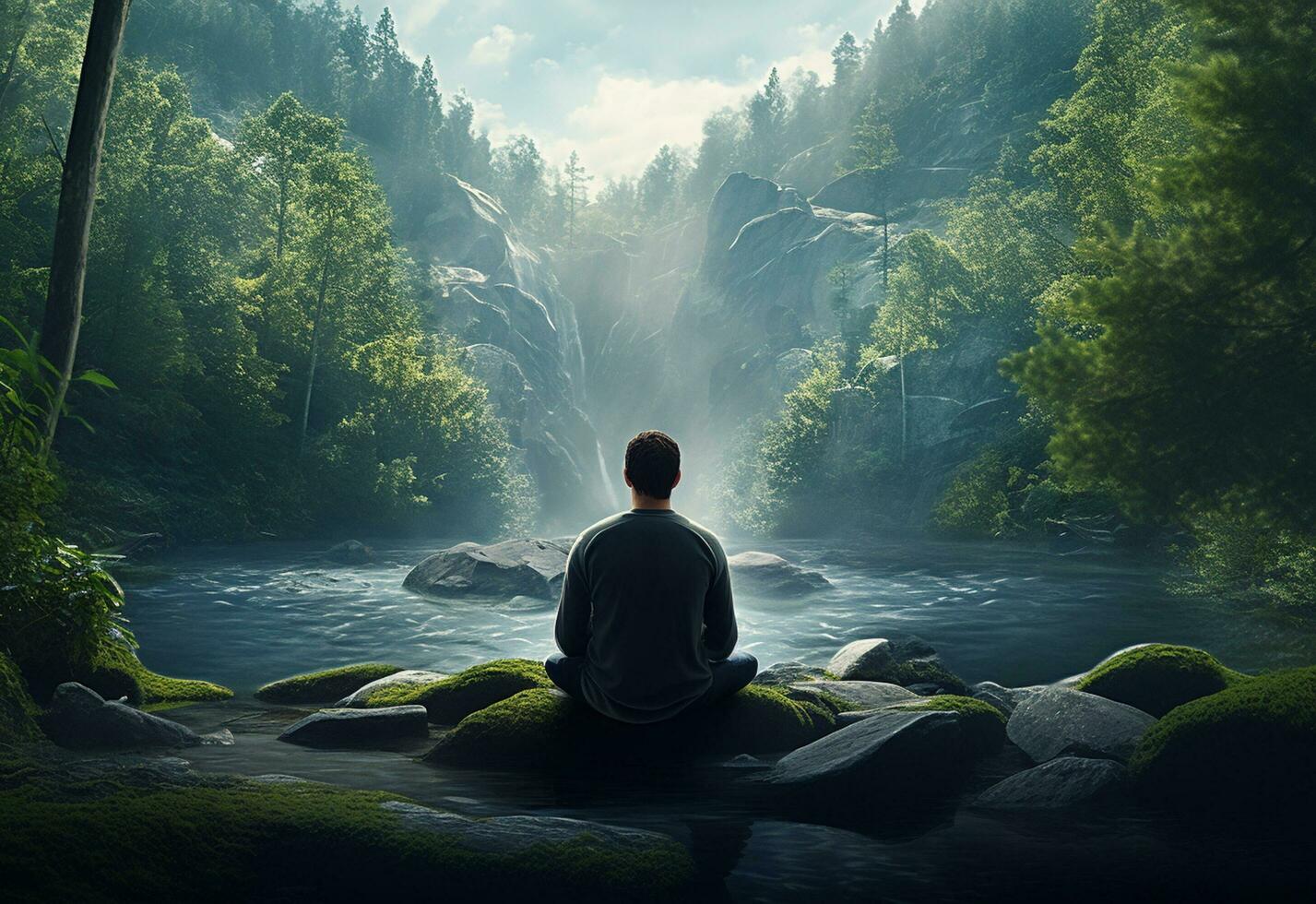 ai generativ Foto von ein Mann üben Achtsamkeit und Meditation im ein friedlich natürlich Umgebung Sony a7s realistisch Bild, Ultra hd, hoch Design sehr detailliert