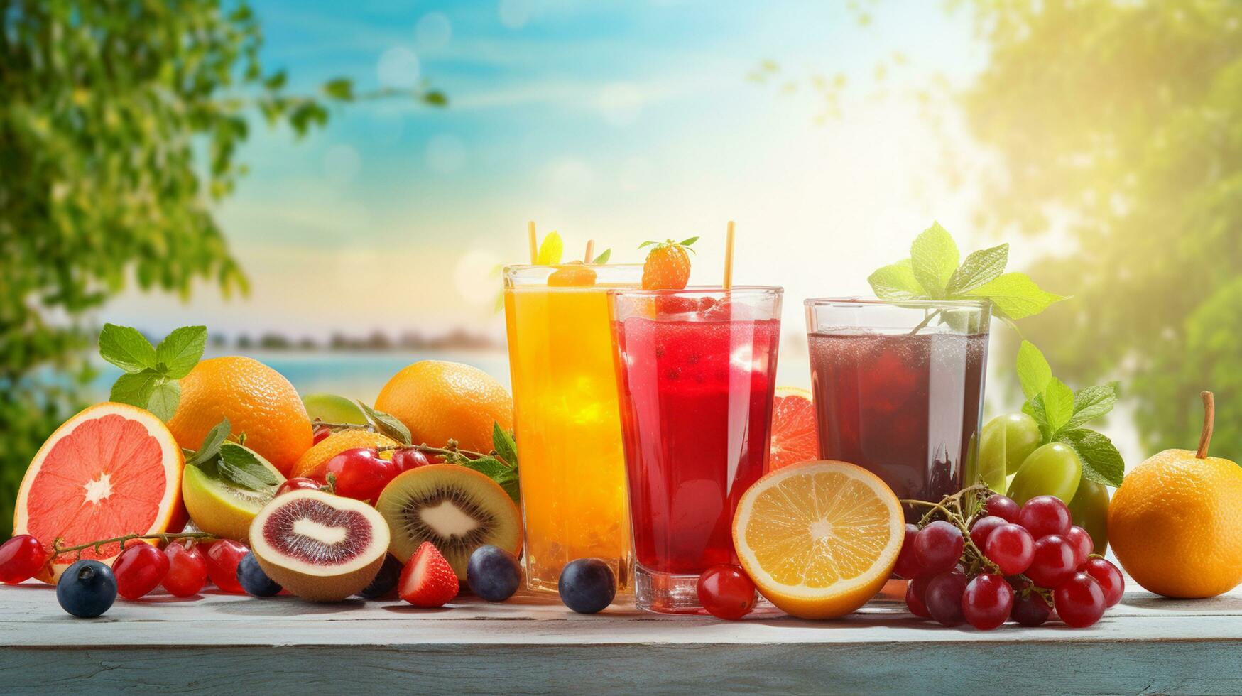 Foto ein Vorderseite Aussicht frisch Obst Cocktails mit frisch Obst Scheiben Eis Kühlung auf Blau, trinken Saft co