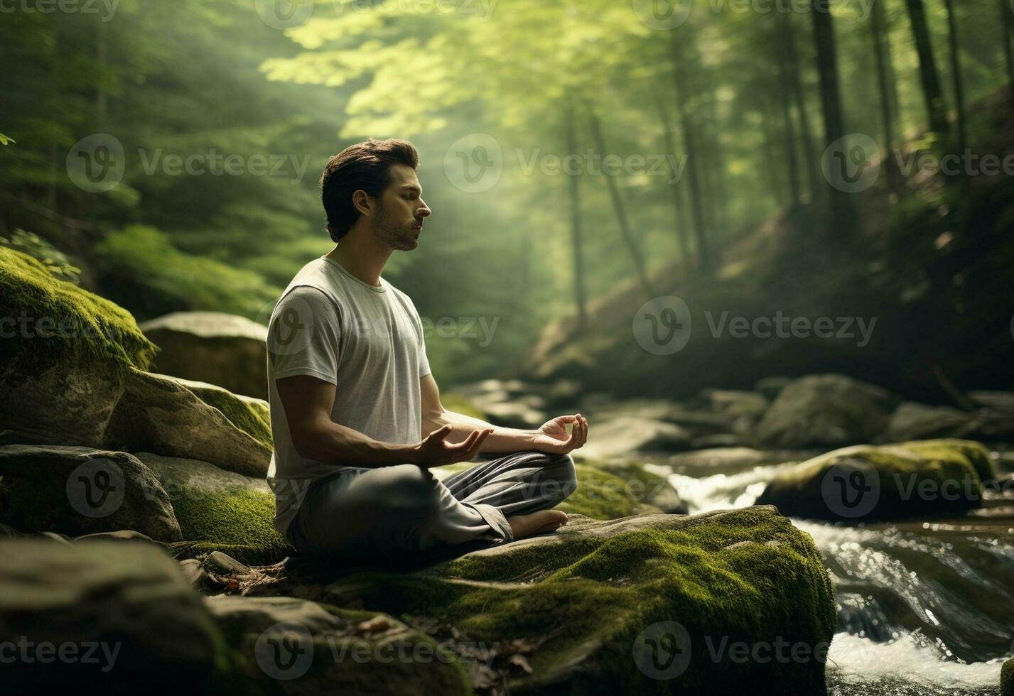 ai generativ Foto von ein Mann üben Achtsamkeit und Meditation im ein friedlich natürlich Umgebung Sony a7s realistisch Bild, Ultra hd, hoch Design sehr detailliert