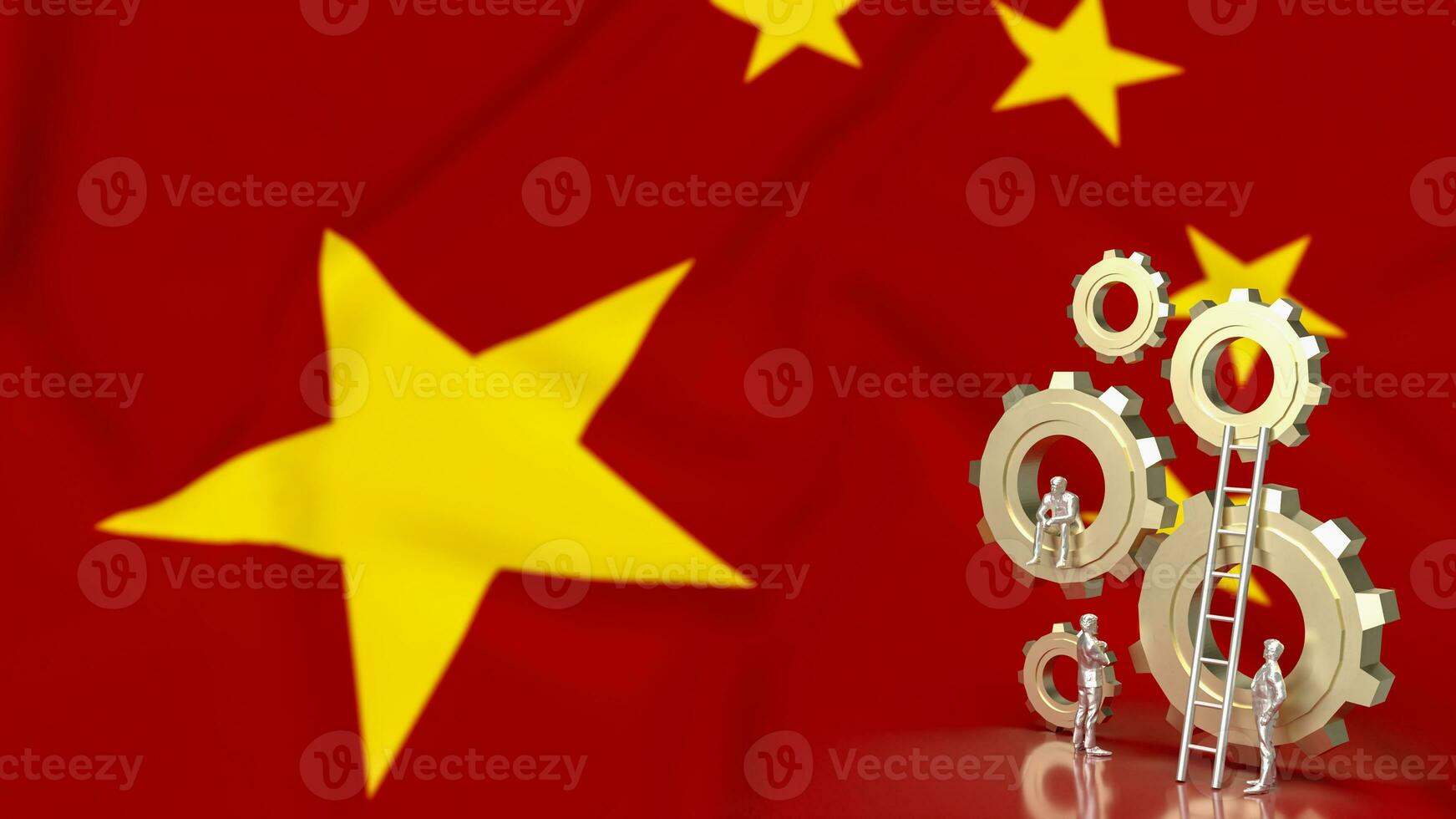 das Geschäft Mann und Ausrüstung Gruppe auf Chinesisch Flagge Hintergrund 3d Rendern foto