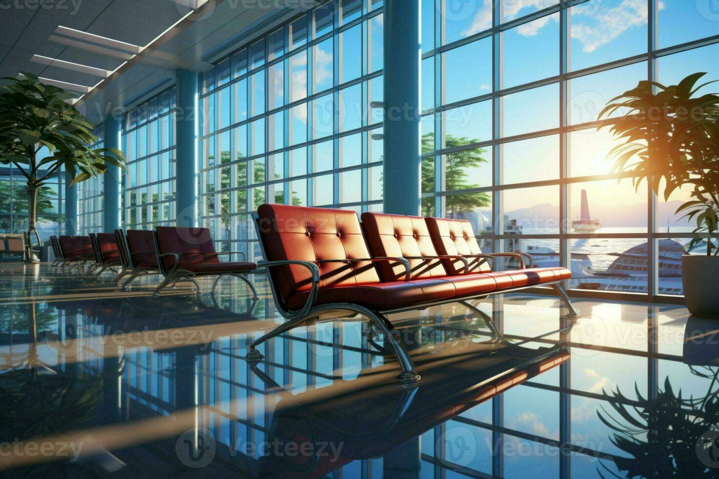 Fenster zu Abflüge, Flughafen warten Zimmer bietet an modern Komfort mit Flug Ansichten ai generiert foto