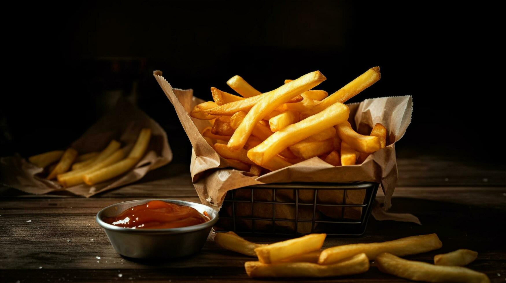 ein Korb von Französisch Fritten Nächster zu ein Korb von Ketchup, generativ ai foto