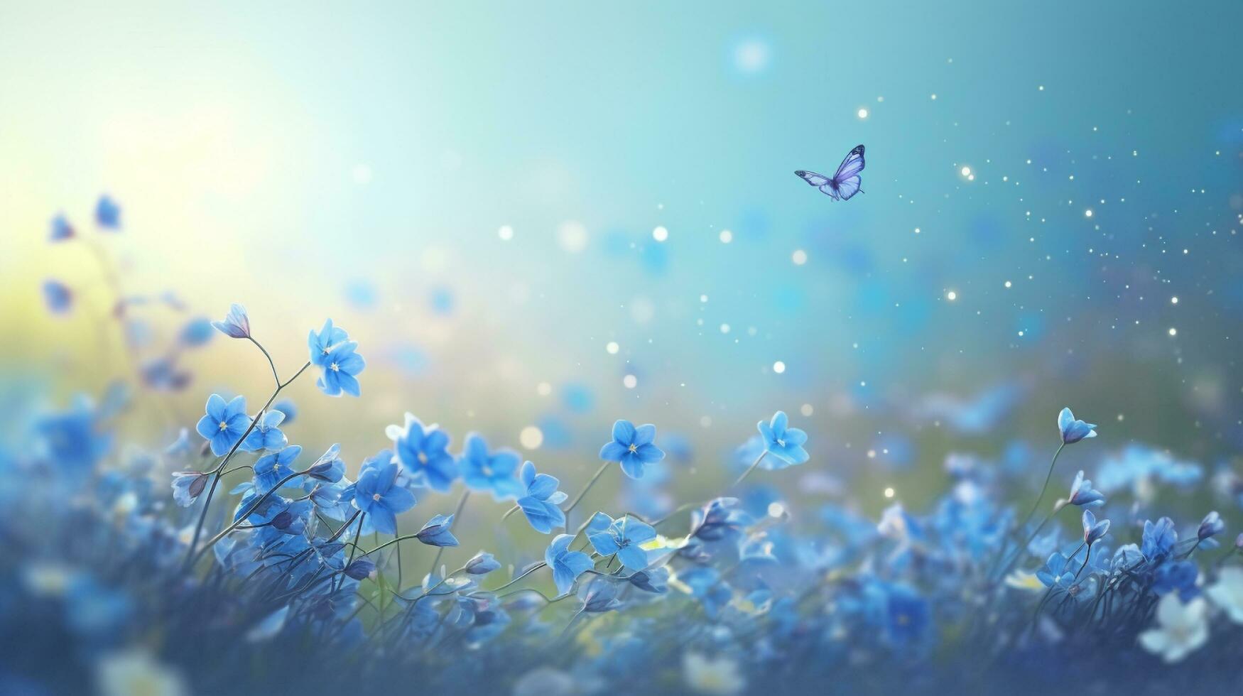 ein Feld von Blau Blumen mit ein Schmetterling fliegend Über ihnen, generativ ai foto