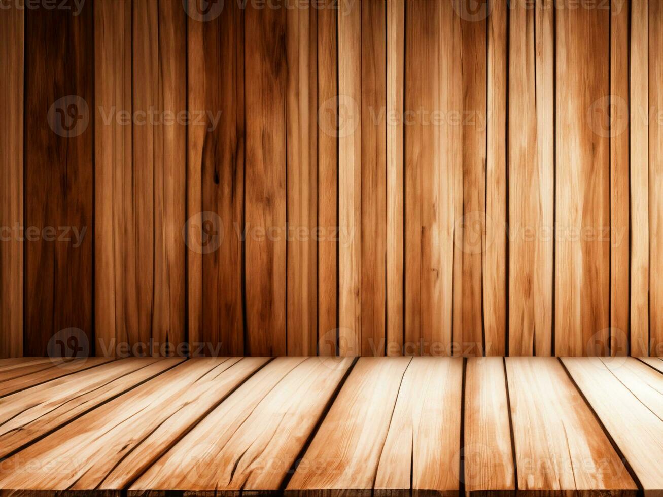 leeren Holz Tabelle Hintergrund mit natürlich Licht und dunkel hölzern Mauer. können Sein benutzt zum Anzeige oder Produkt foto