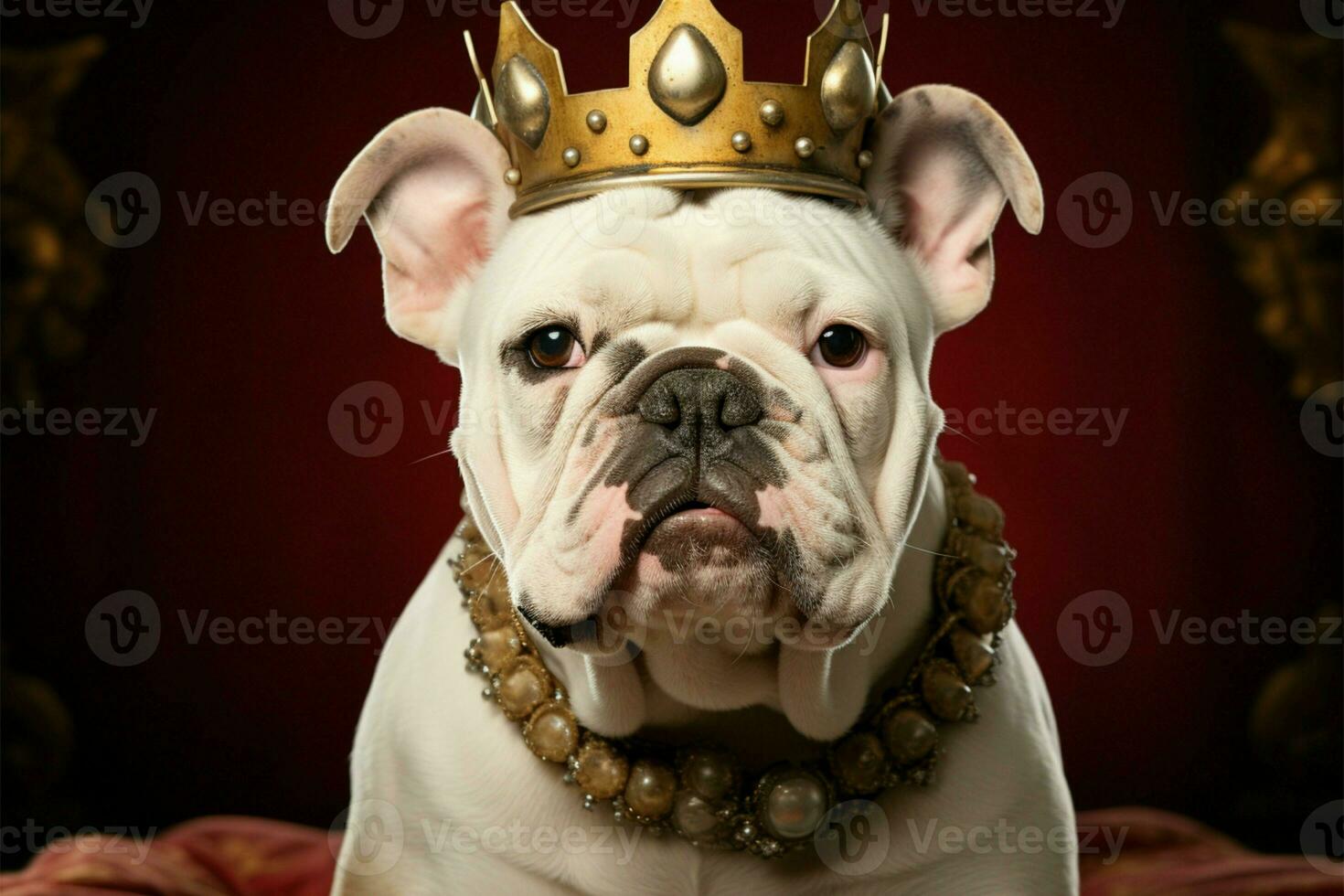 im Regal Pracht, ein Weiß Bulldogge Welpe Don ein Samt Krone ai generiert foto