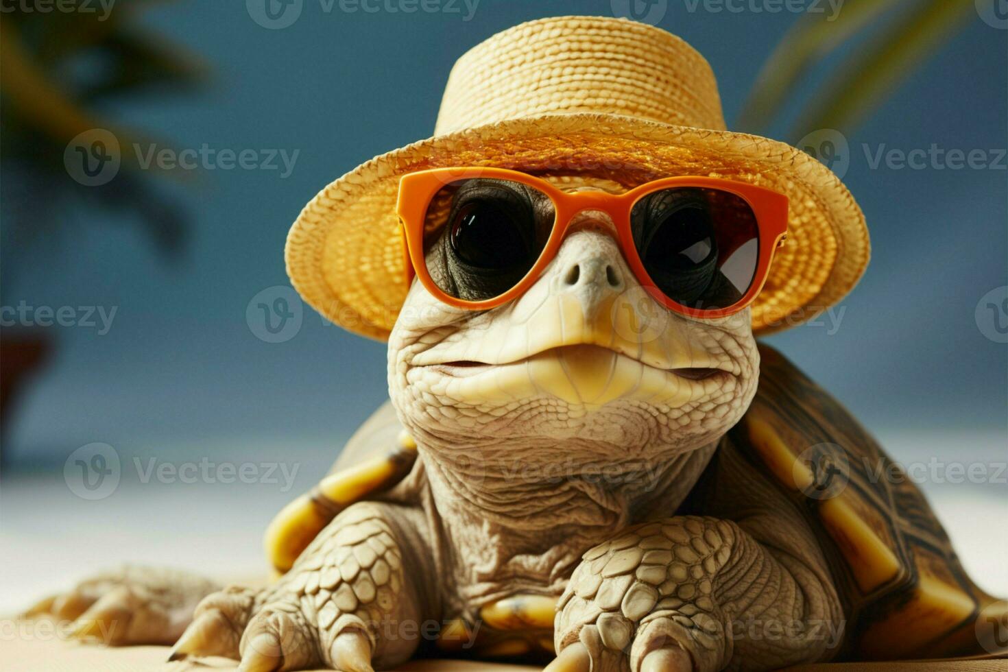 Schildkröte umarmt Sommer, schaukeln Sonnenbrille und ein stilvoll Stroh Hut ai generiert foto