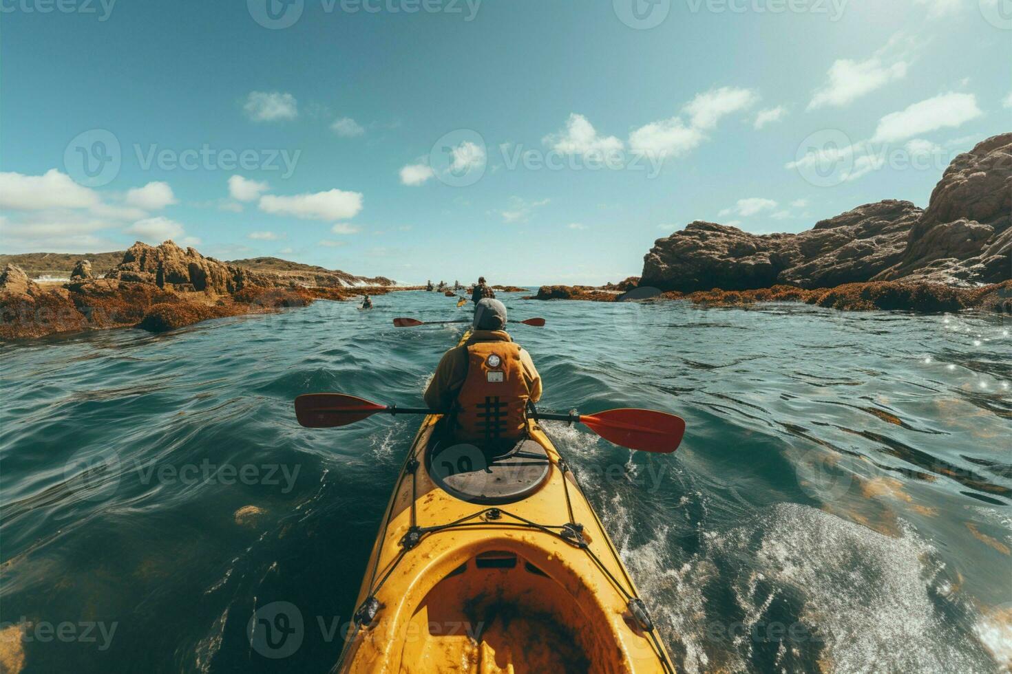 Gruppe Kajak fahren Rückseite Aussicht wie Kajaks anmutig navigieren das Meere Weite ai generiert foto