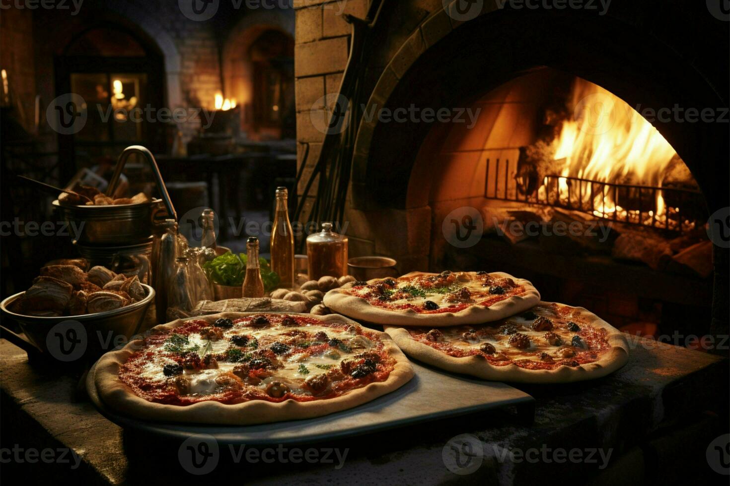 authentisch Pizzeria Ambiente, Pizza durch Stein Herd mit brüllend Feuer, traditionell Charme ai generiert foto