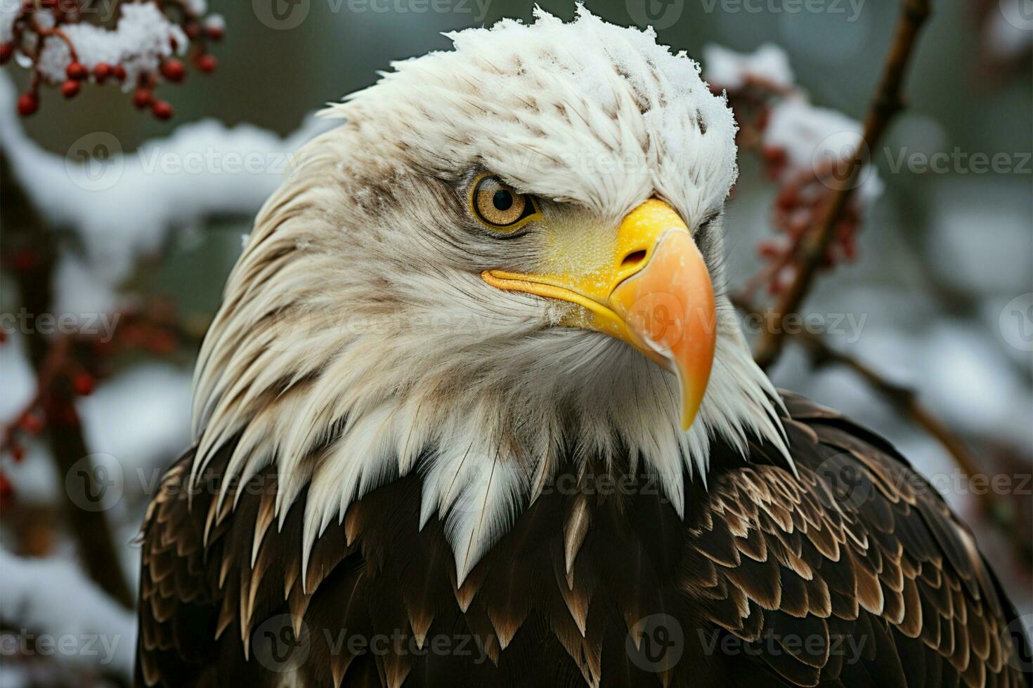 ein schließen Begegnung mit ein strahlend kahl Adler im Winter ai generiert foto