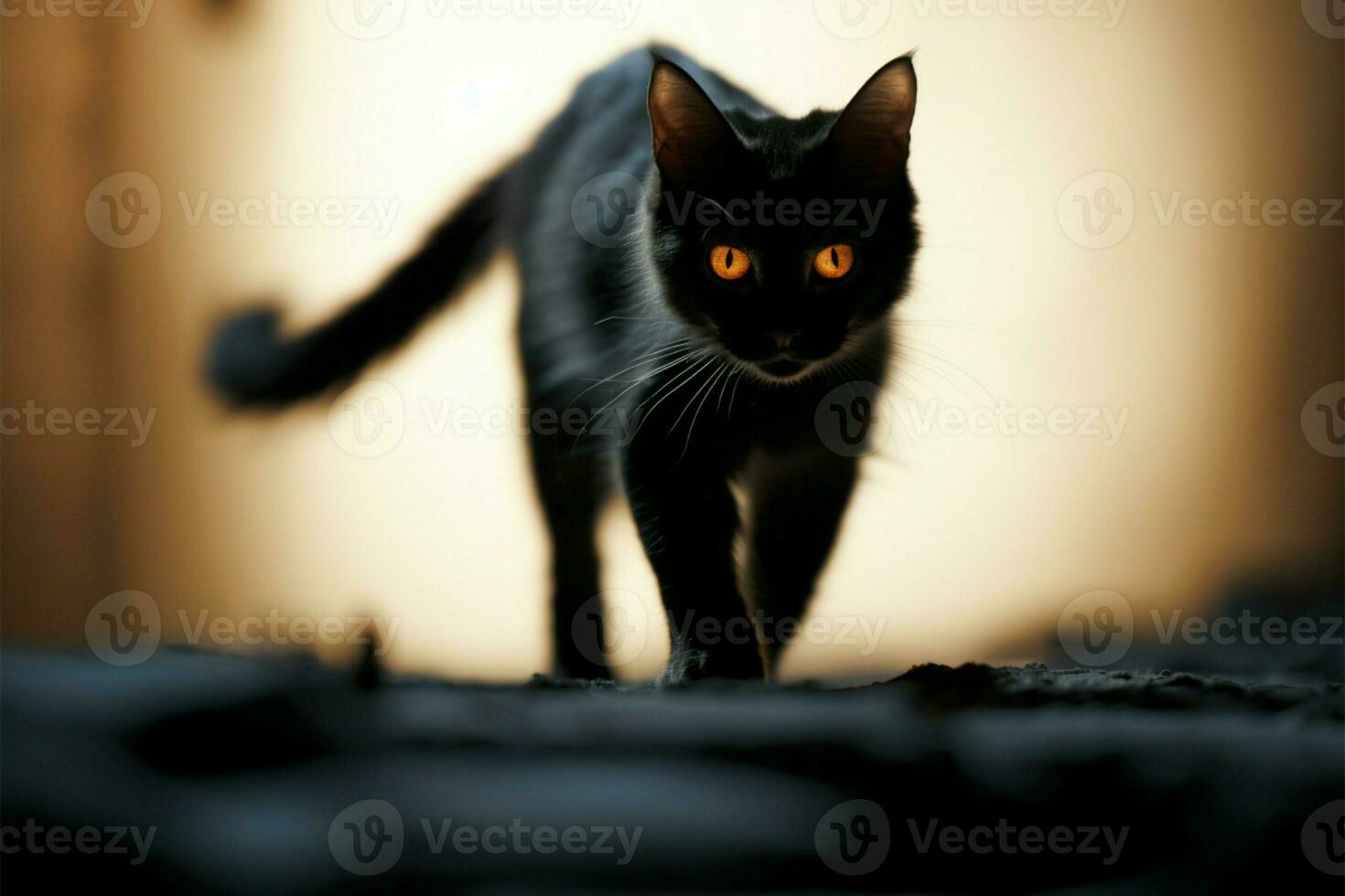 virtuell Katze Schritte anmutig, Erstellen dramatisch Schatten gegen texturiert Mauer ai generiert foto