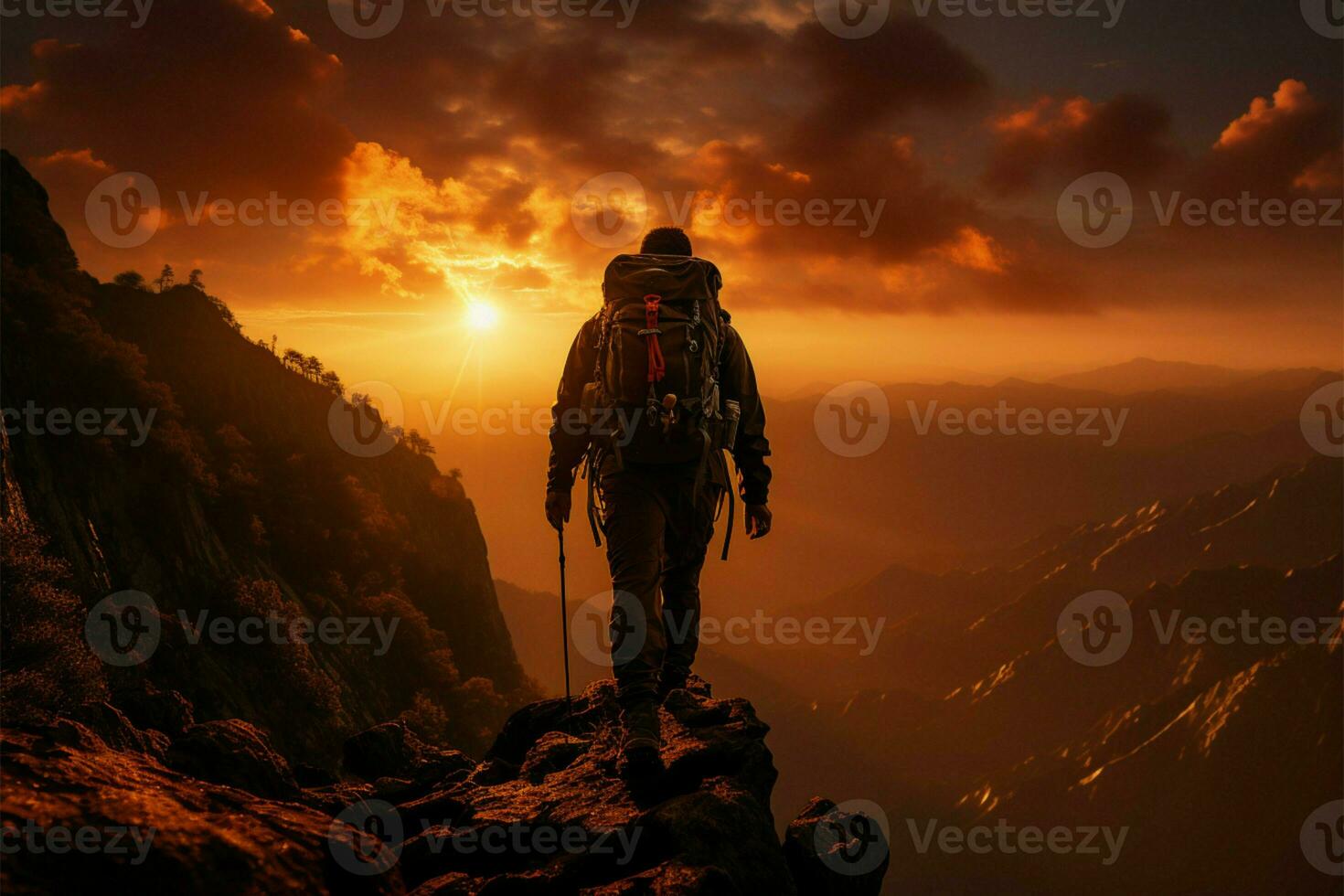 Bergsteiger steigt auf Cliff, silhouettiert gegen das Rahmen Sonnen feurig Hintergrund ai generiert foto