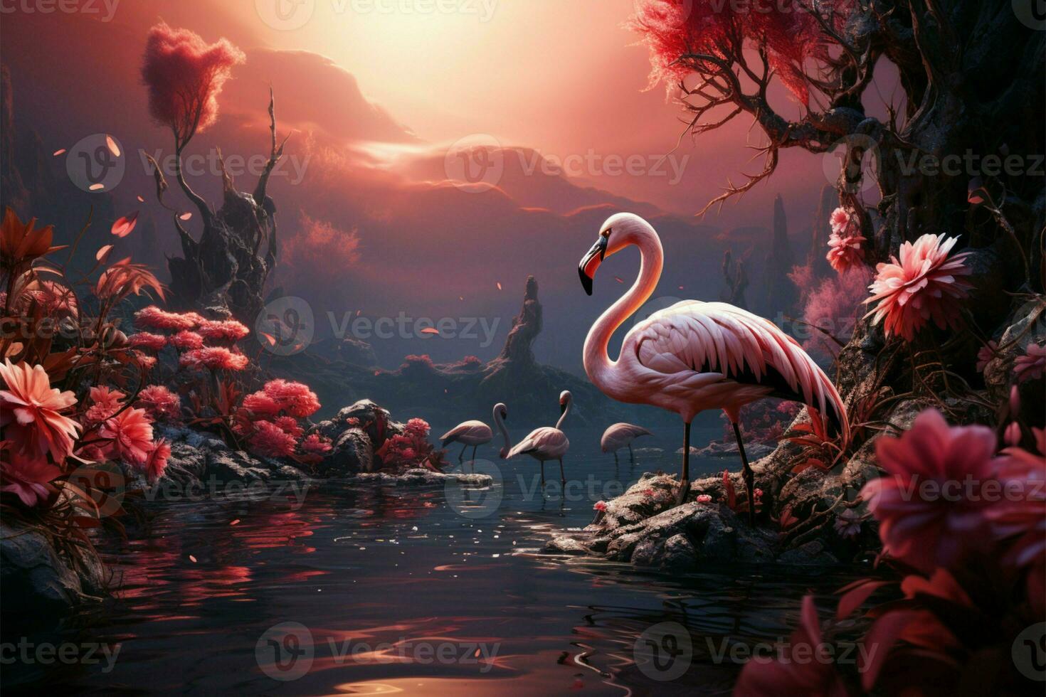 Rosa Flamingos Anmut ein tropisch Teich, gerahmt durch schwankend Palme Bäume ai generiert foto