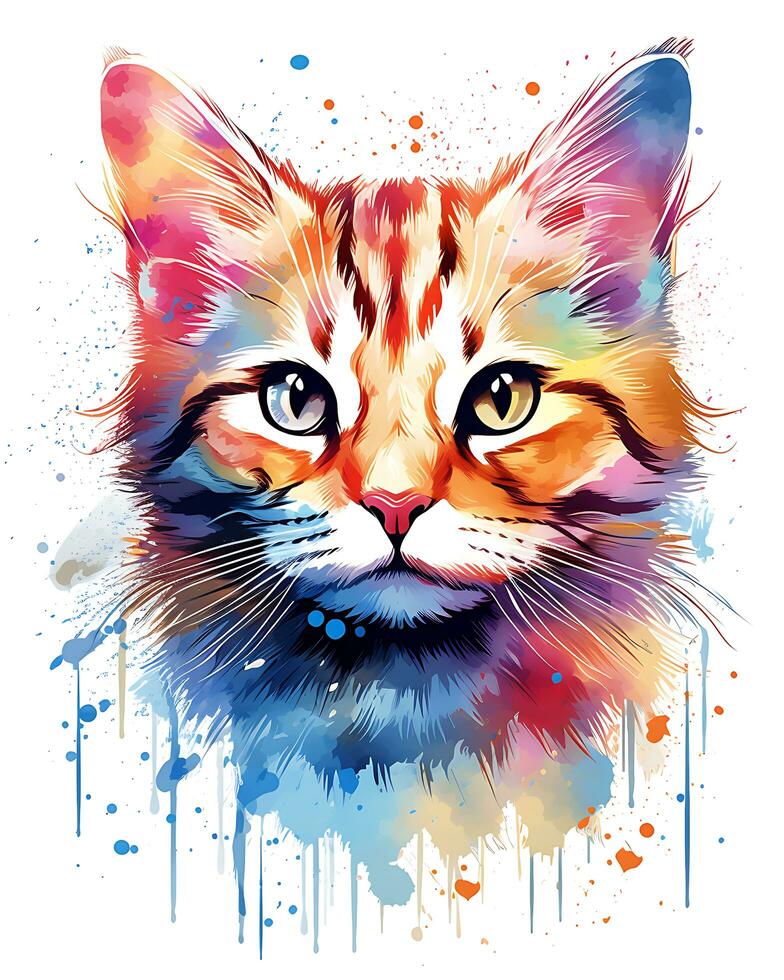 Aquarell Gemälde bunt Katze Gesicht ist gezeigt Weiß Hintergrund foto