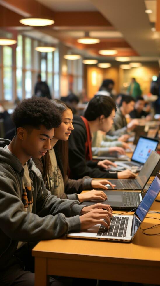 Gruppe von Studenten mit Laptops im Bibliothek foto