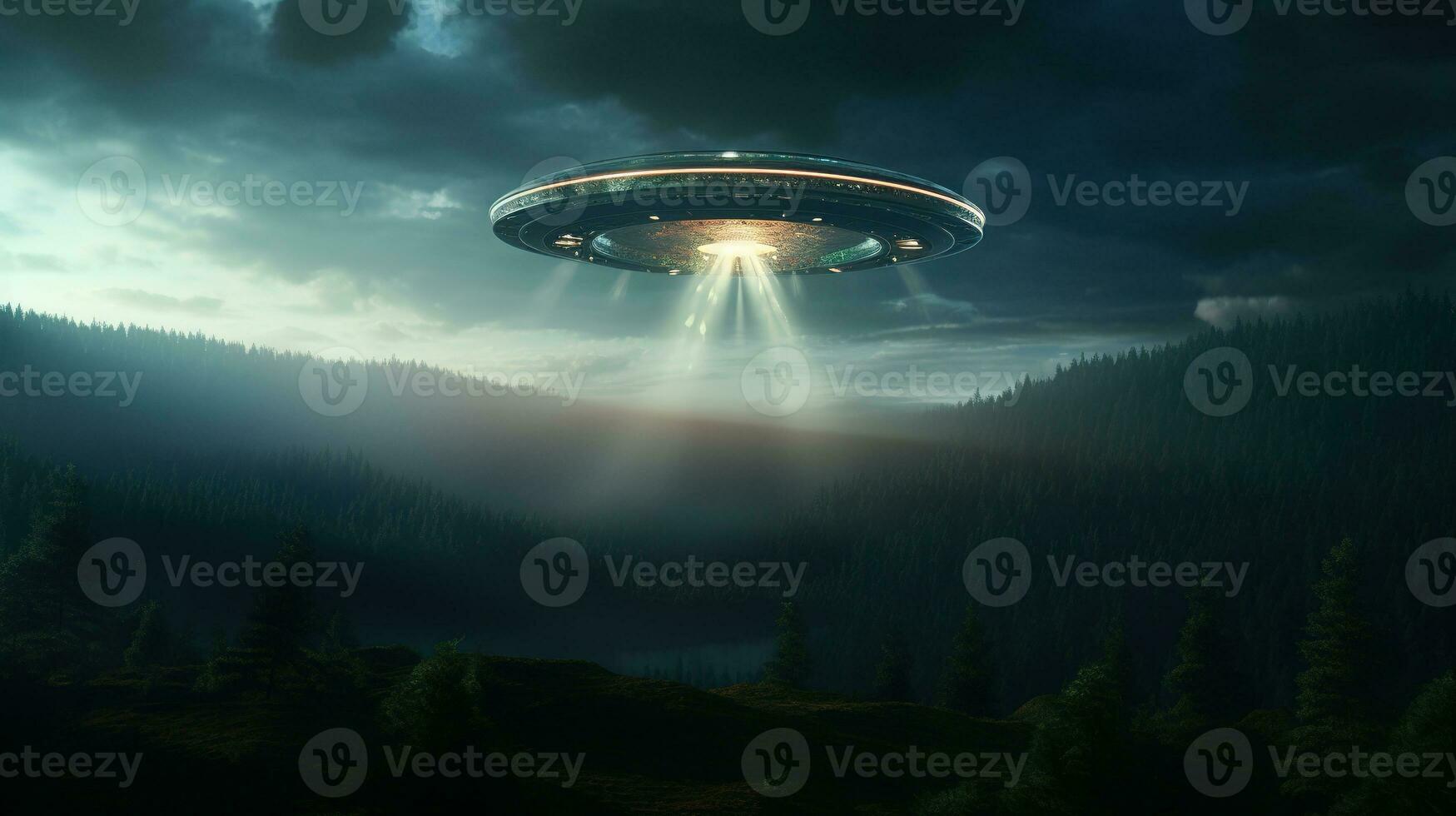 Außerirdischer Raumschiff. hochfliegend Raum Bahnhof Über das Nacht Wald. UFO im das Himmel Über ein Berg Bereich. Fantasie Digital Illustration. foto