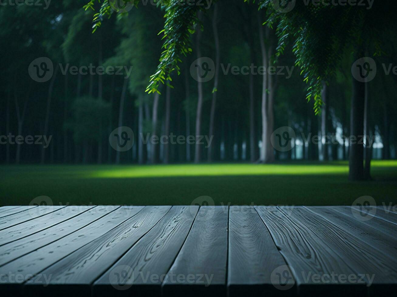 hölzern Tabelle und verwischen tropisch Grün Gras Hintergrund, Produkt Anzeige Montage. hoch Qualität Foto 8 Tausend fhd ai generiert