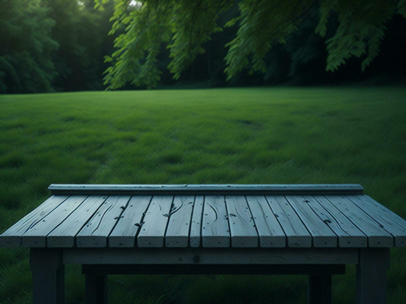 hölzern Tabelle und verwischen tropisch Grün Gras Hintergrund, Produkt Anzeige Montage. hoch Qualität Foto 8 Tausend fhd ai generiert