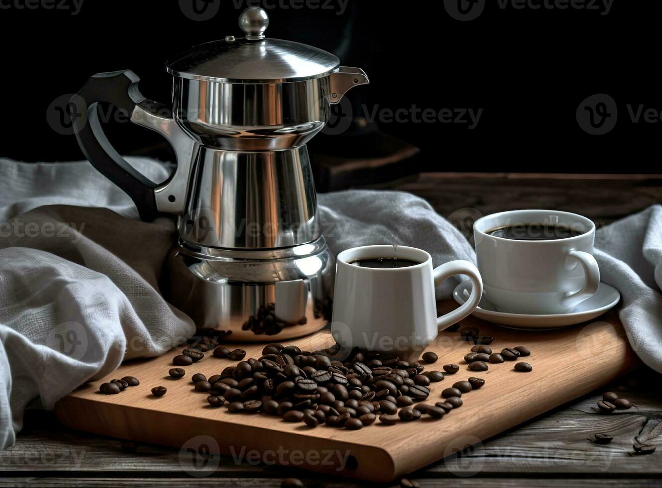 Kaffee Tasse mit ein Moka Topf auf Stoff Textur Hintergrund. erstellt mit generativ ai Technologie. foto