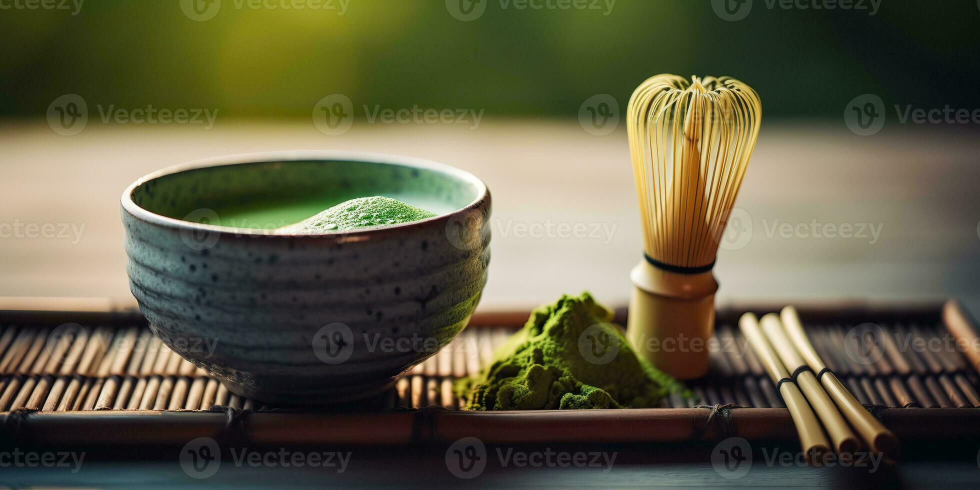 ai generiert. ai generativ. traditionell japanisch asiatisch Matcha Tee Zeremonie. Schüssel, hölzern trocken organisch Löffel Pulver. Grafik Kunst foto
