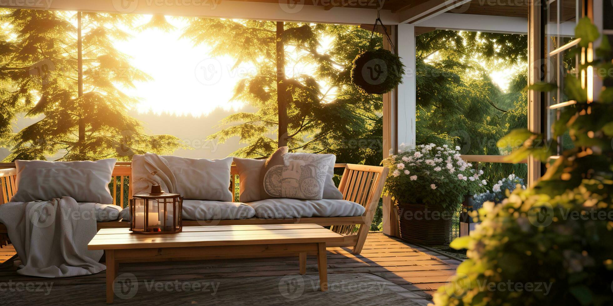 ai generiert. ai generativ. Jahrgang retro modern skandinavisch Stil Veranda Veranda Sofa mit Tabelle Sitzung entspannen Platz mit viele Blumen und Pflanzen. Grafik Kunst foto