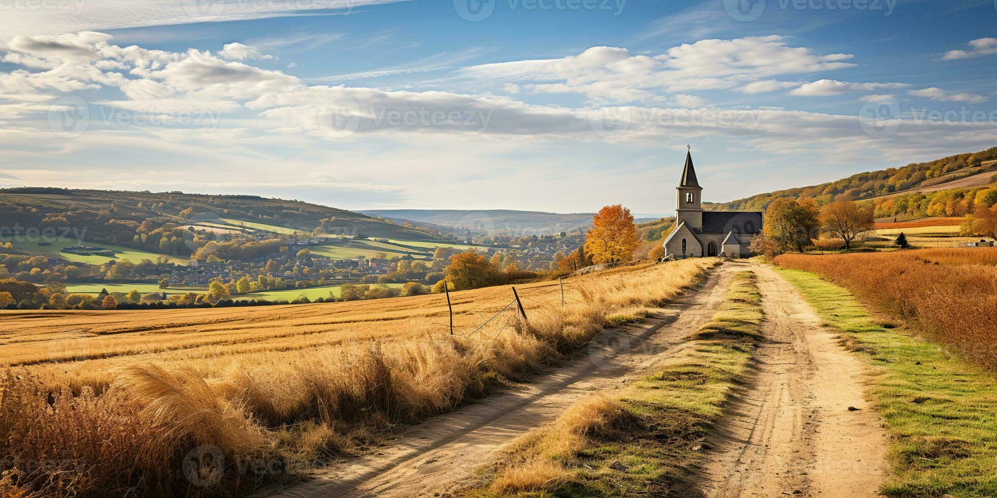 ai generiert. ai generativ. schön Natur draussen Landschaft mit Kirche auf ein Hügel Feld Wiese Hintergrund. Grafik Kunst foto