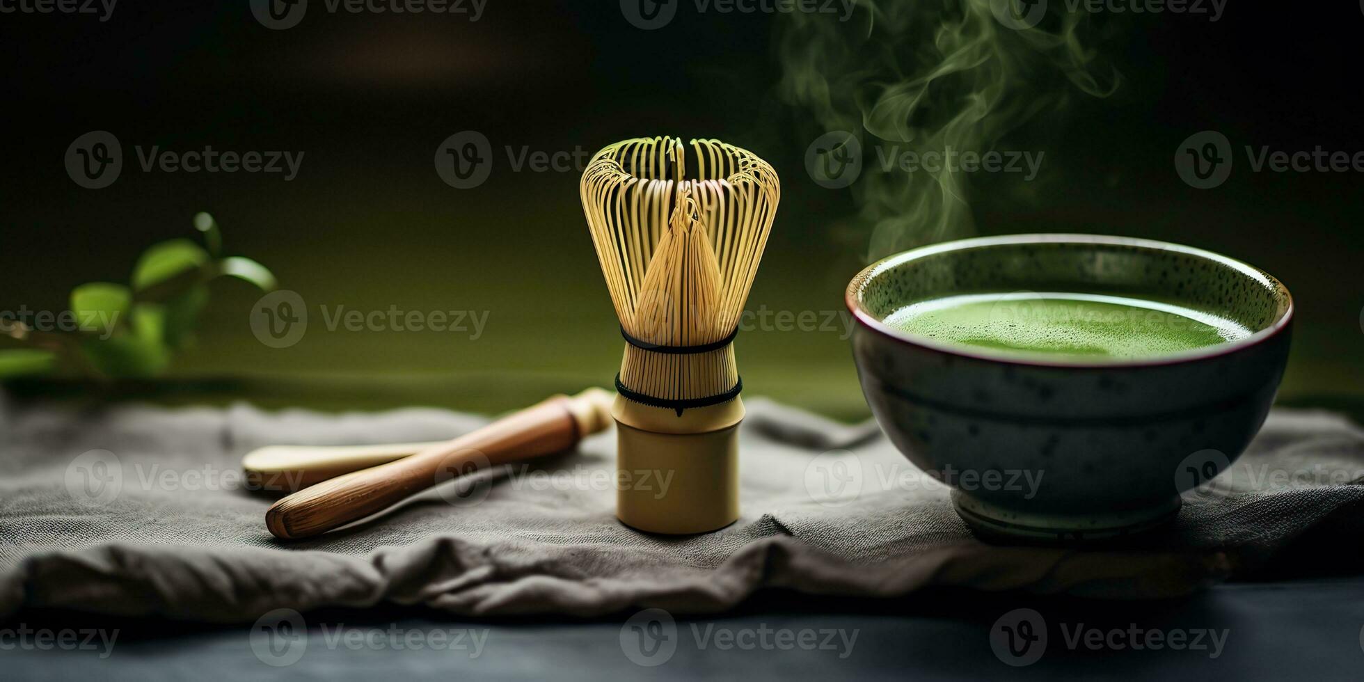 ai generiert. ai generativ. traditionell japanisch asiatisch Matcha Tee Zeremonie. Schüssel, hölzern trocken organisch Löffel Pulver. Grafik Kunst foto