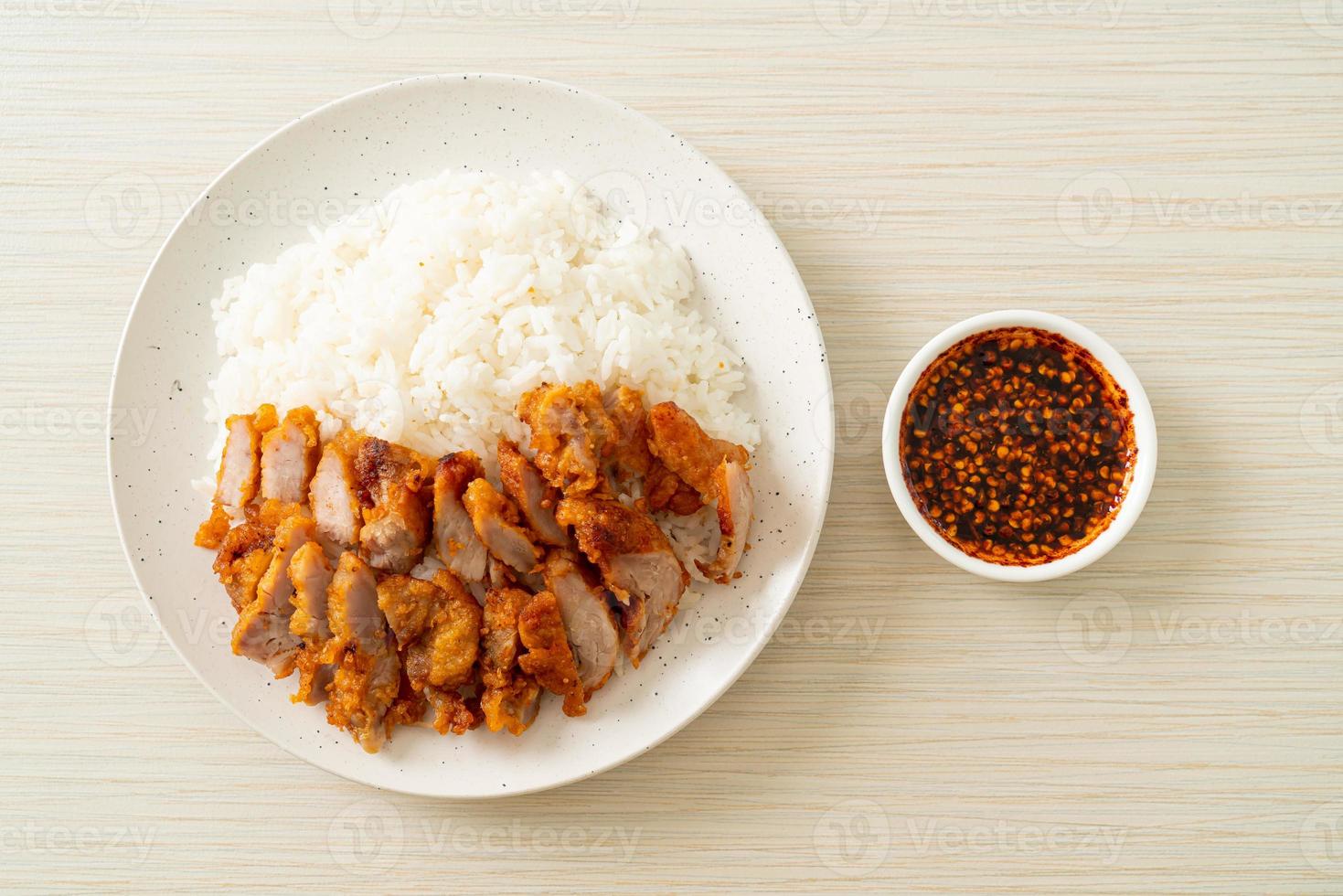 gebratenes Schweinefleisch auf Reis mit pikanter Dipsauce foto