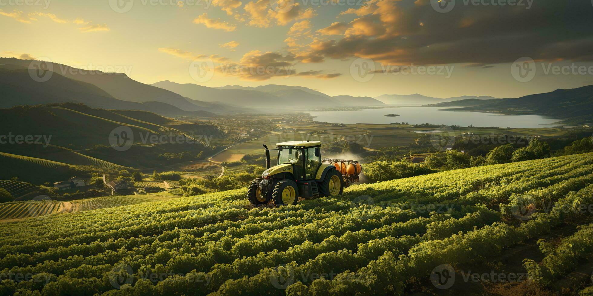 ai generiert. ai generativ. Traktor kombinieren Maschine auf Feld Wiese Ernte Landwirtschaft Landschaft Natur draussen. Grafik Kunst foto