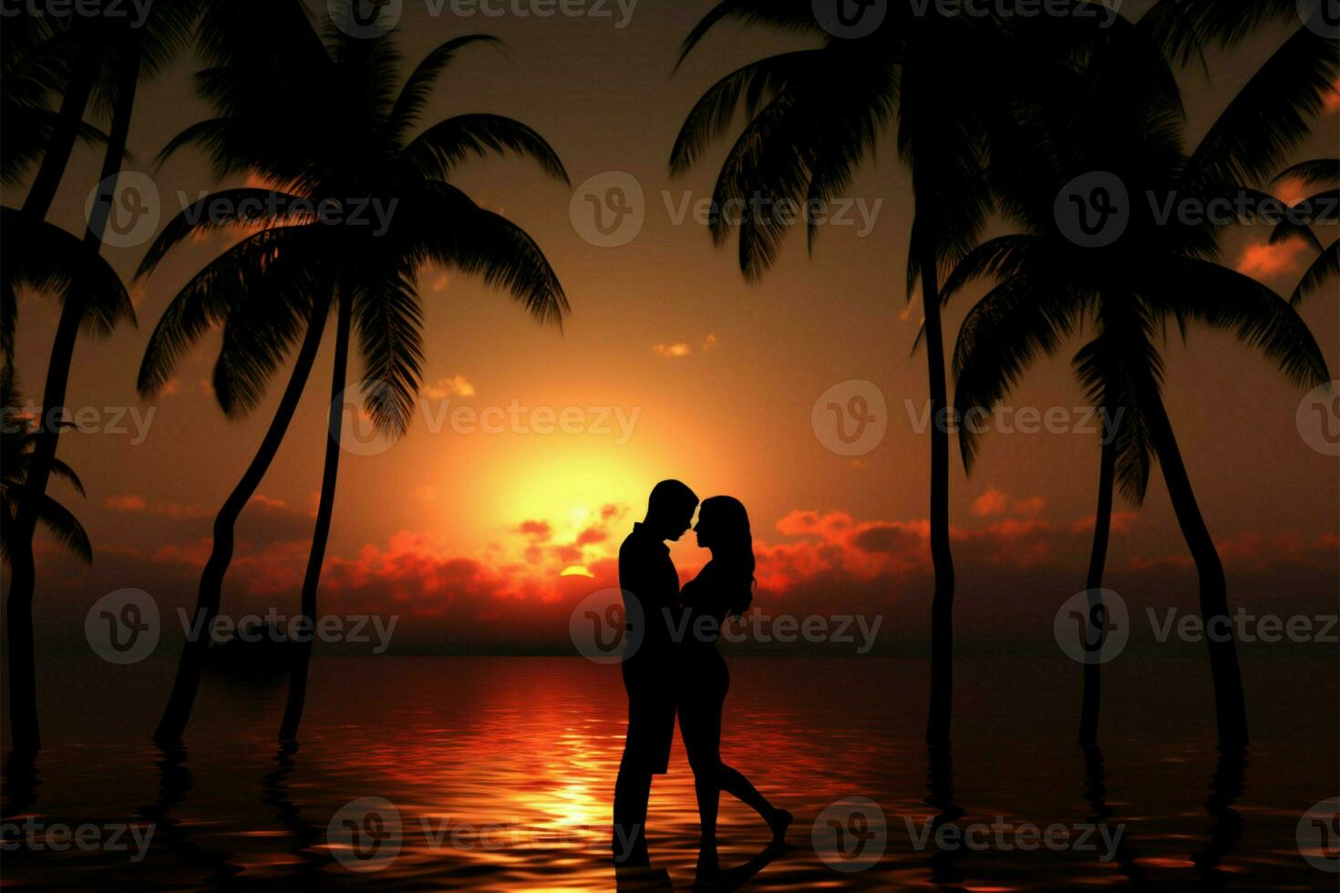 romantisch Duo gerahmt durch Palme Bäume, sonnt sich im Sonnenuntergänge warm Umarmung ai generiert foto